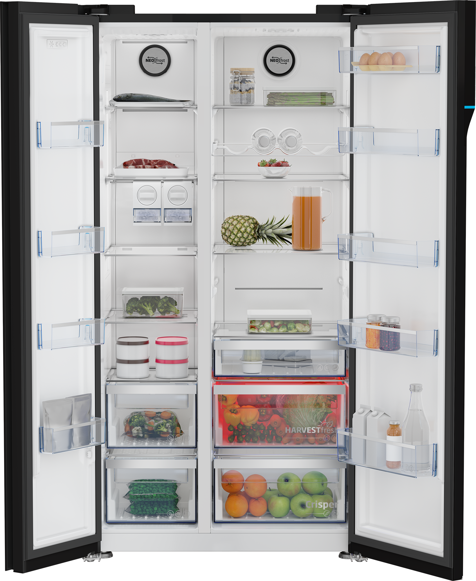 Otwarta lodówka z żywnością na półkach i w szufladach.