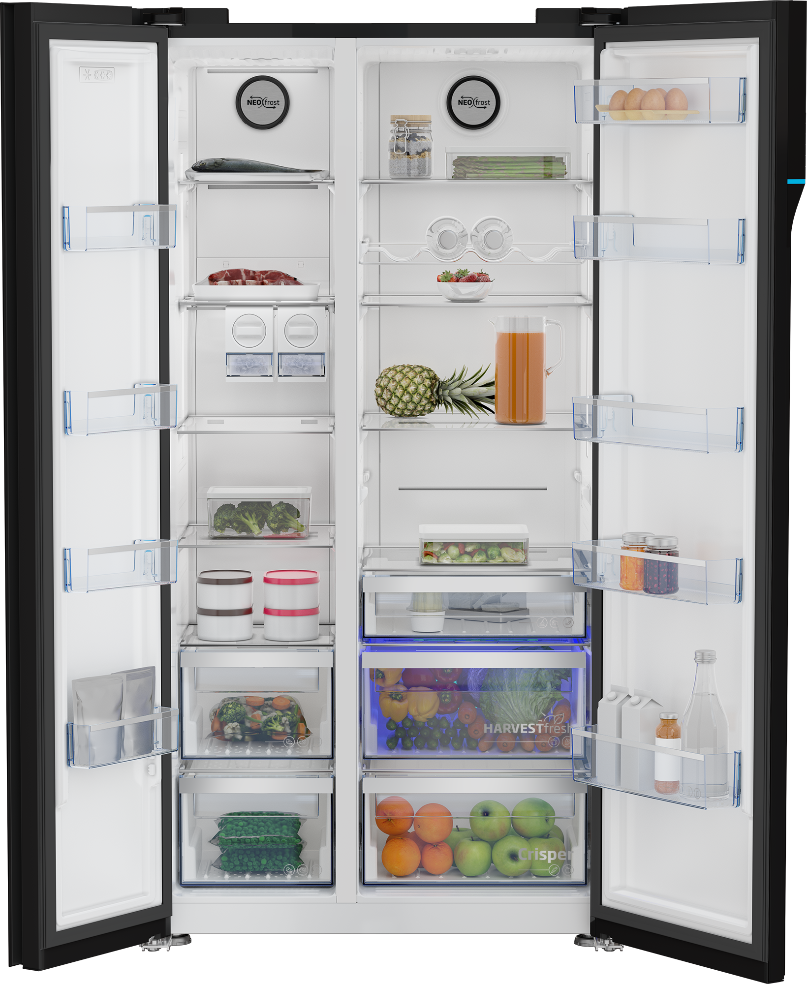 Otwarta lodówka z rybami, mięsem, warzywami, owocami i napojami.