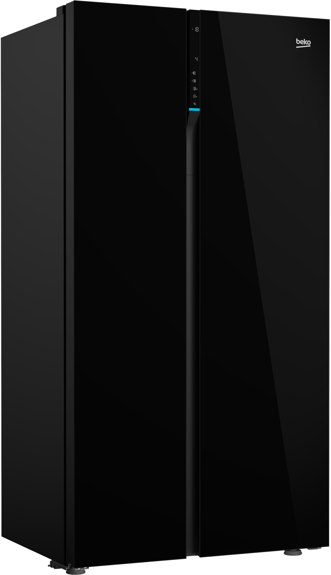 Nowoczesna czarna lodówka z dwiema drzwiami i cyfrowym wyświetlaczem.