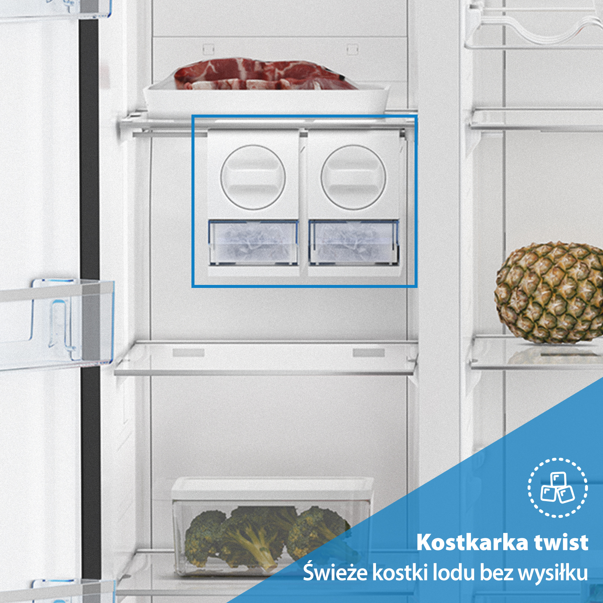 Wnętrze lodówki: mięso, kostkarka do lodu, ananas i brokuły.