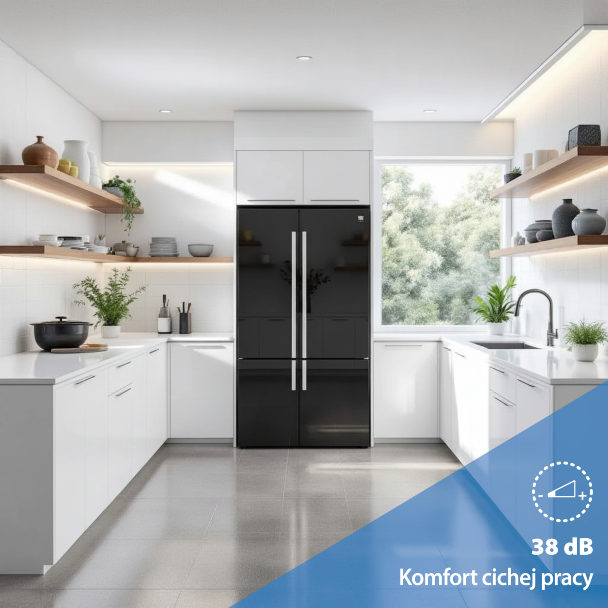 Nowoczesna kuchnia z czarną lodówką, białymi szafkami i dużym oknem.