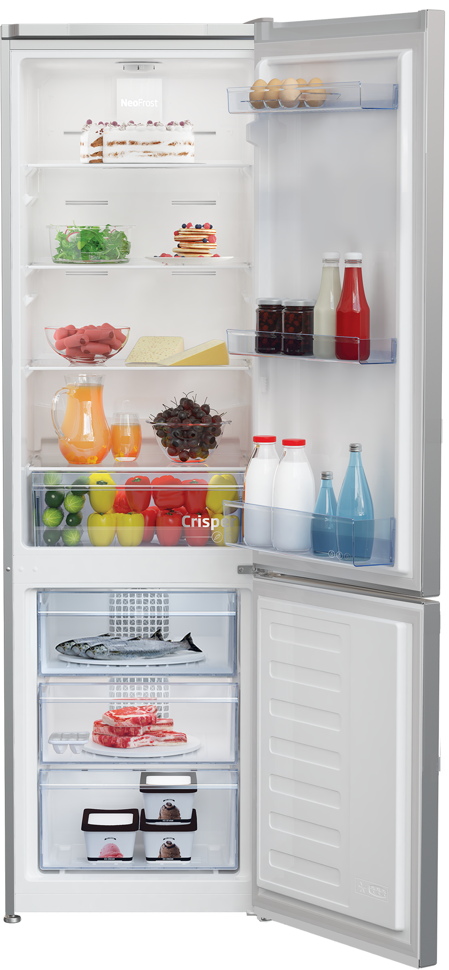 Otwarta lodówka z żywnością: ciasto, sałatka, naleśniki, kiełbaski, ser, napoje, warzywa, ryba, mięso, lody.