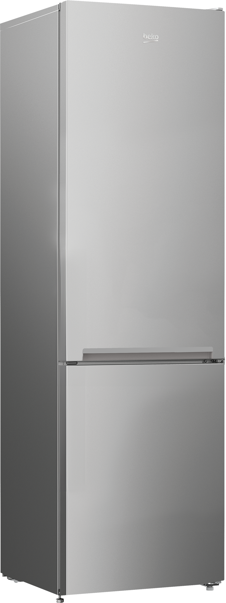 Srebrna lodówka z zamrażarką i logo Beko.