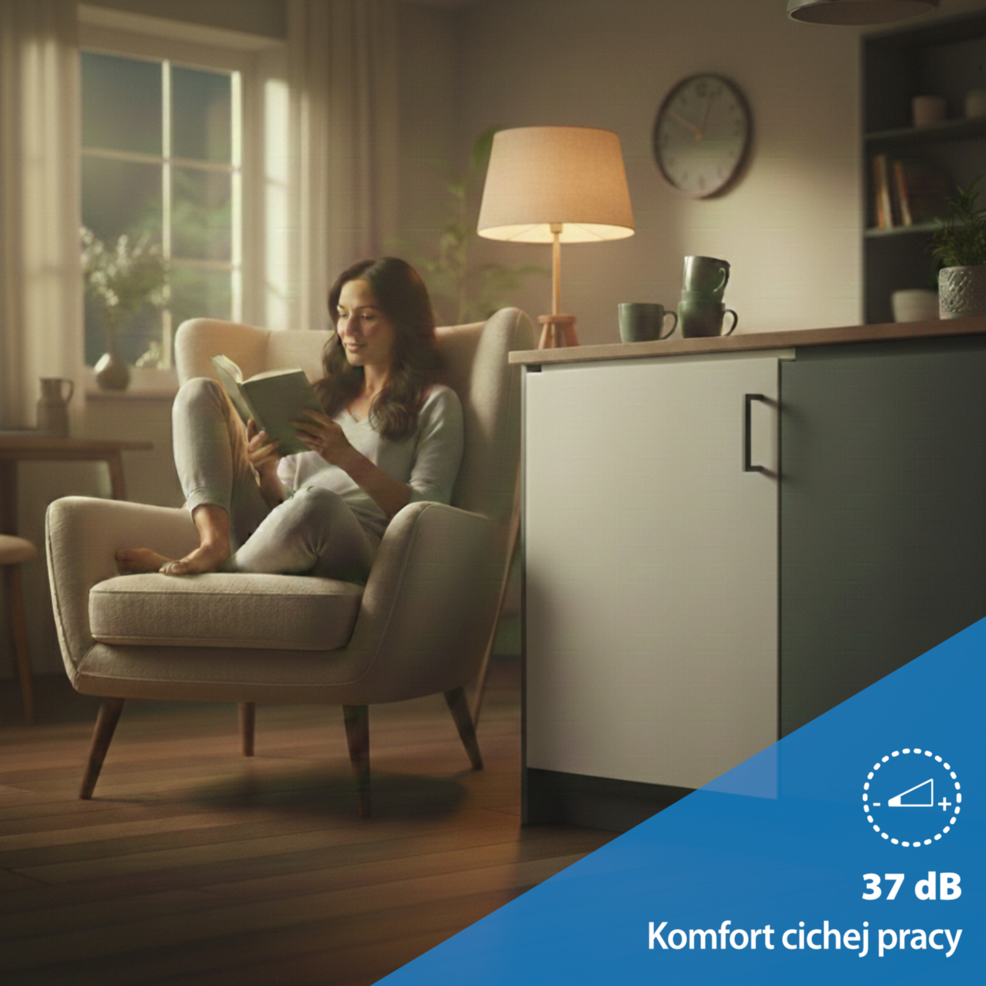 Kobieta czyta książkę w fotelu, obok szafka. 37 dB cicho.