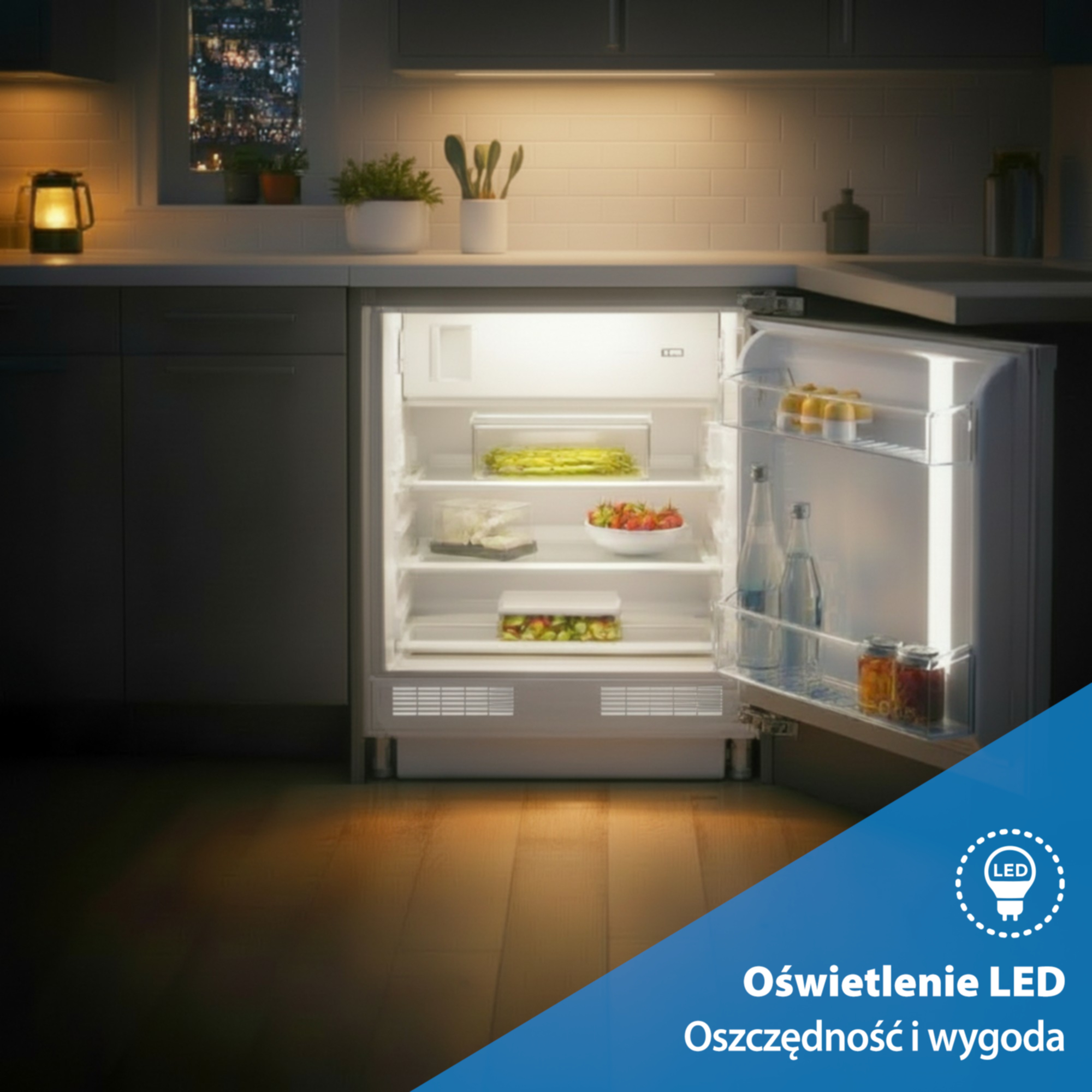 Otwarta lodówka z oświetleniem LED, wypełniona jedzeniem.