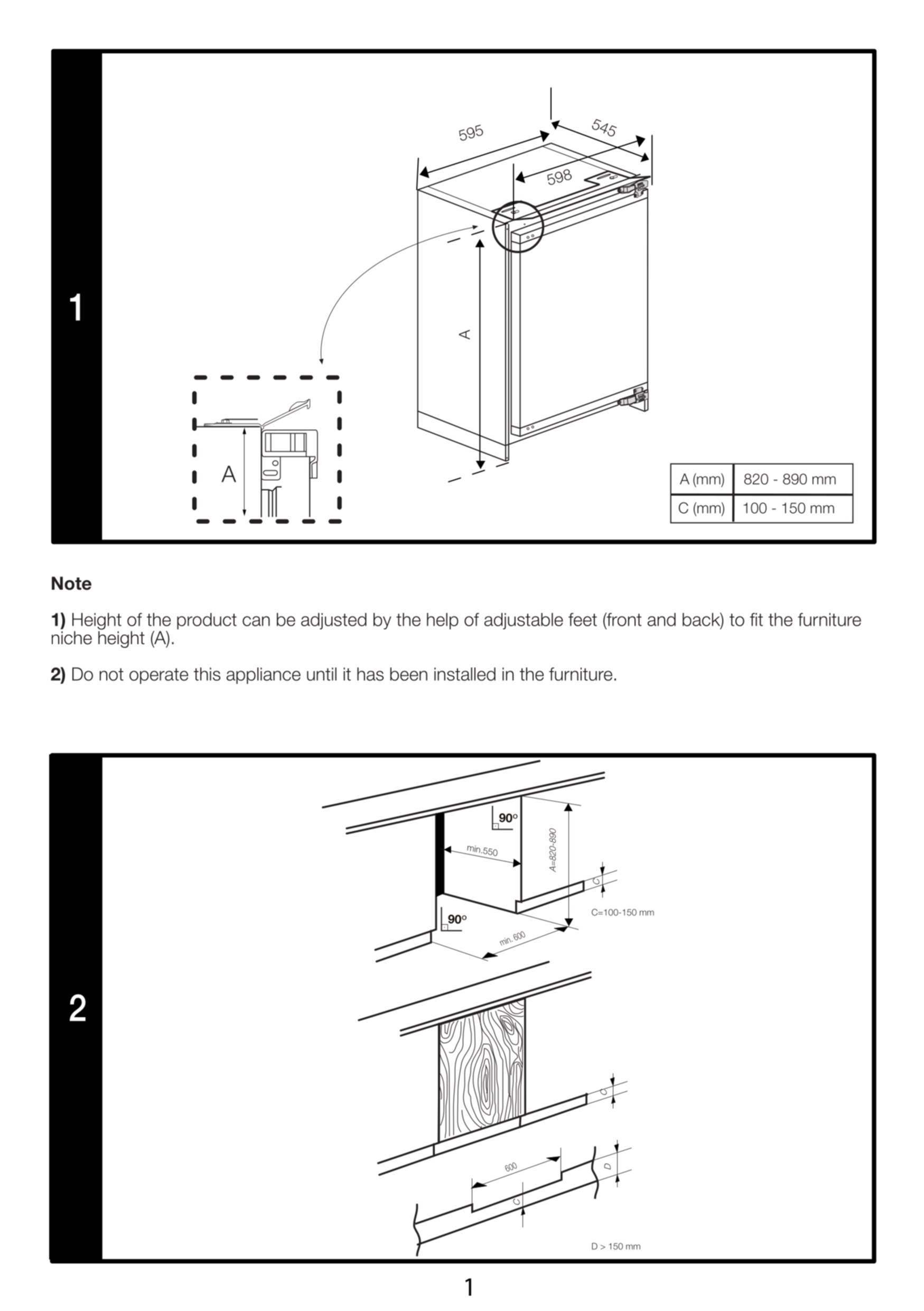 Rysunek techniczny przedstawiający wymiary instalacyjne urządzenia.