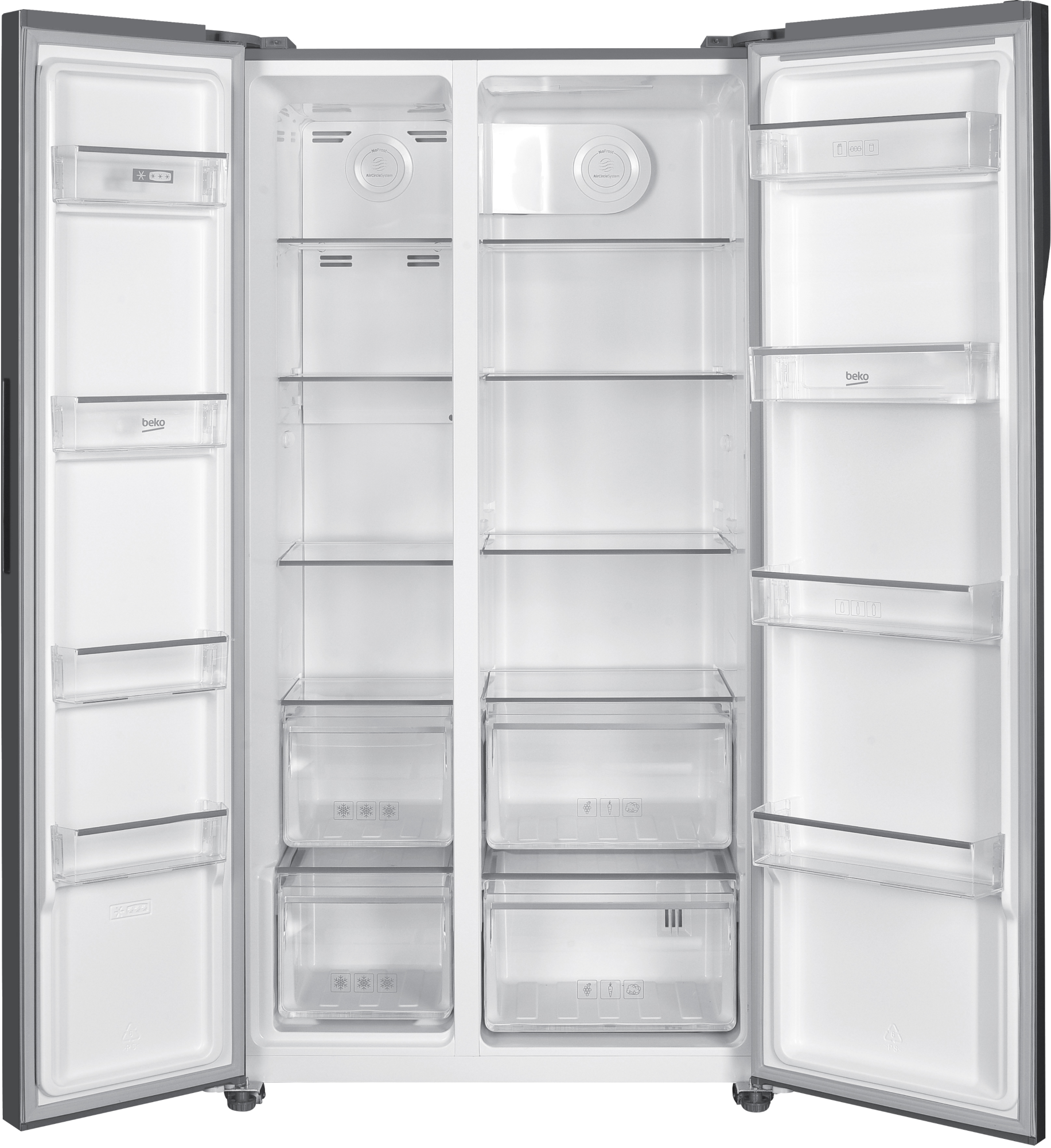 Pusta, otwarta lodówka dwudrzwiowa z szklanymi półkami i szufladami.