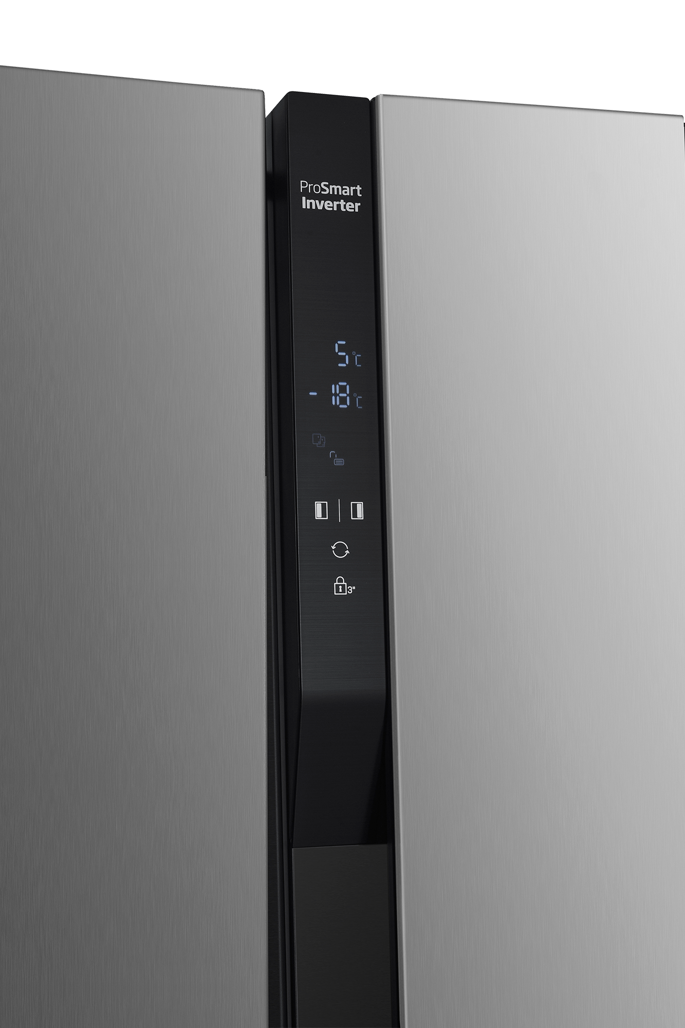 Lodówka ze stali nierdzewnej z cyfrowym wyświetlaczem temperatury i ustawień.