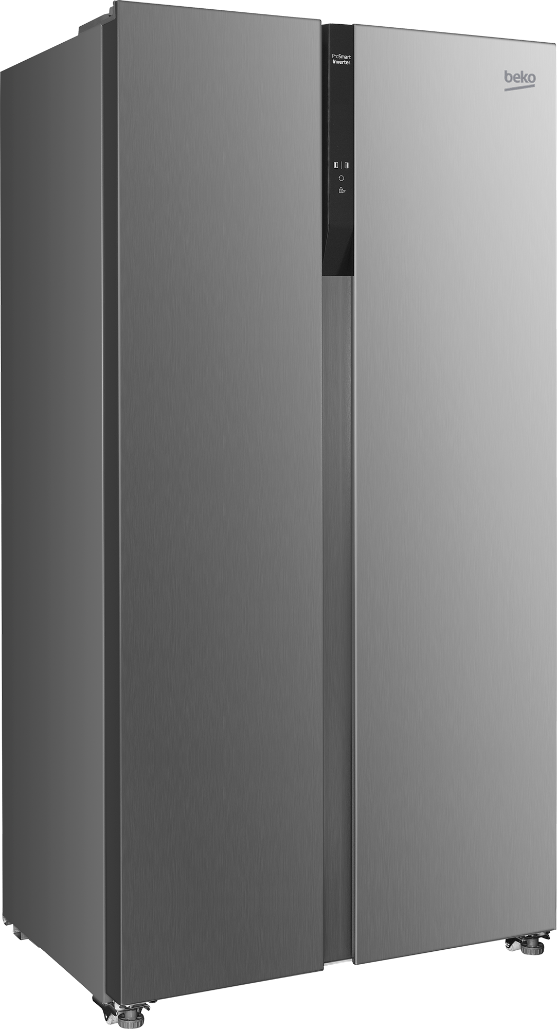 Szara lodówka Beko z dwiema drzwiami i czarnym panelem sterowania.