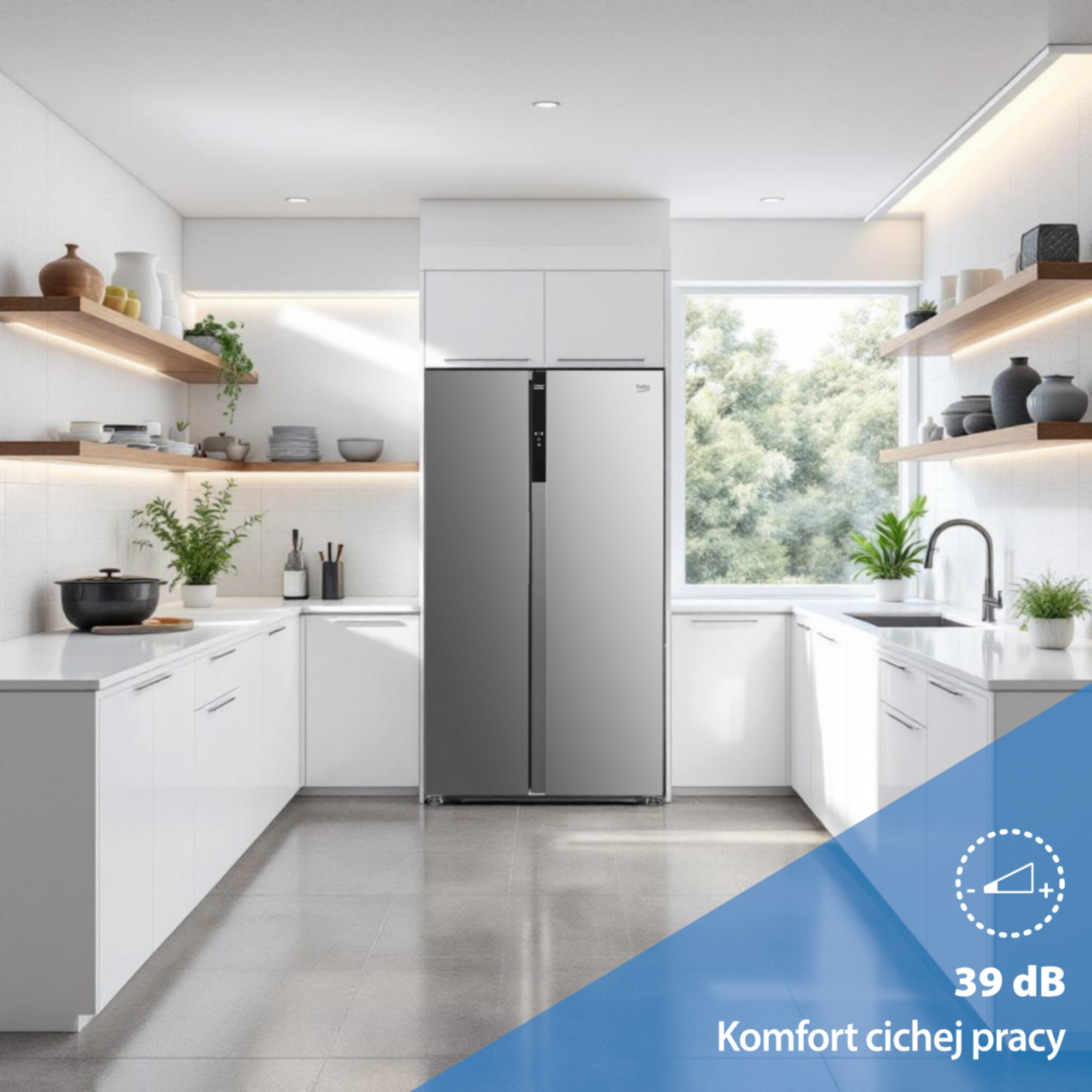 Nowoczesna kuchnia ze srebrną lodówką, białymi szafkami i drewnianymi półkami.