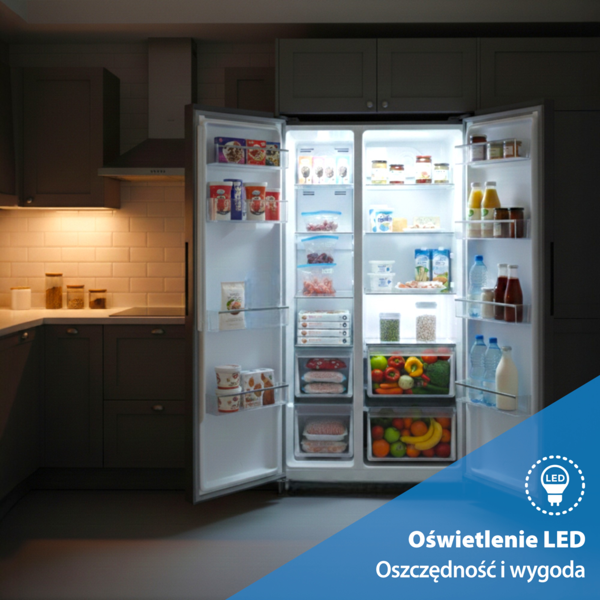 Otwarta lodówka z oświetleniem LED, wypełniona żywnością.