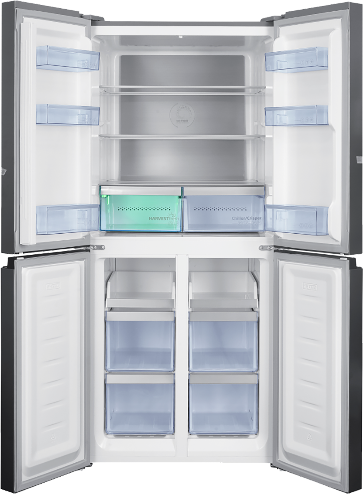 Pusta otwarta lodówka z widocznymi półkami i szufladami.