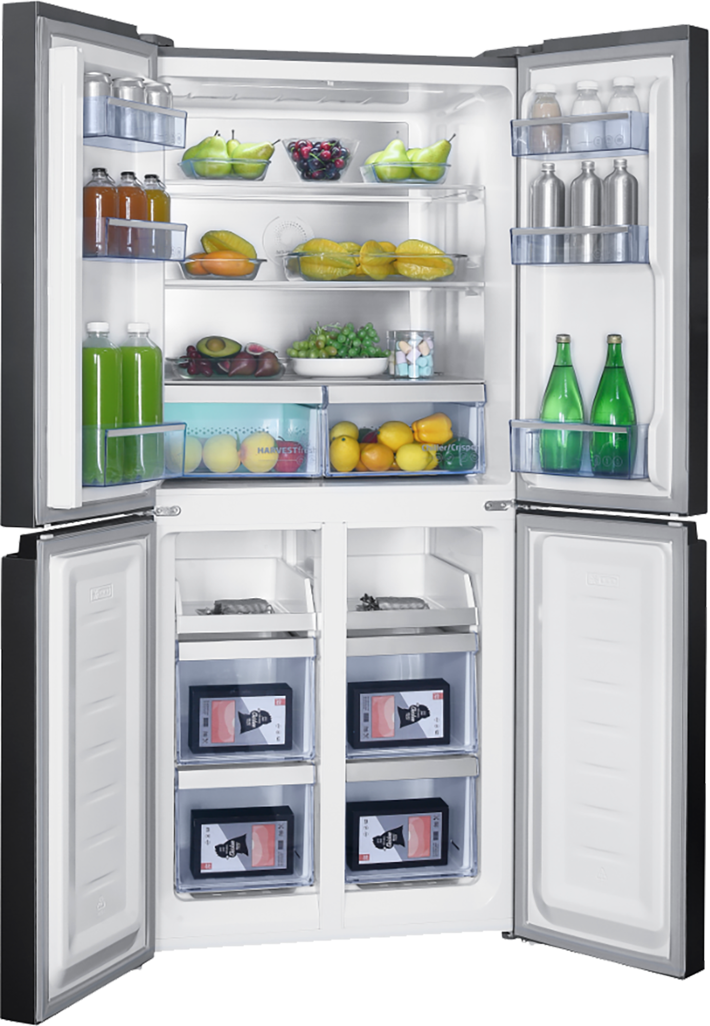 Otwarta lodówka z owocami, warzywami i napojami.