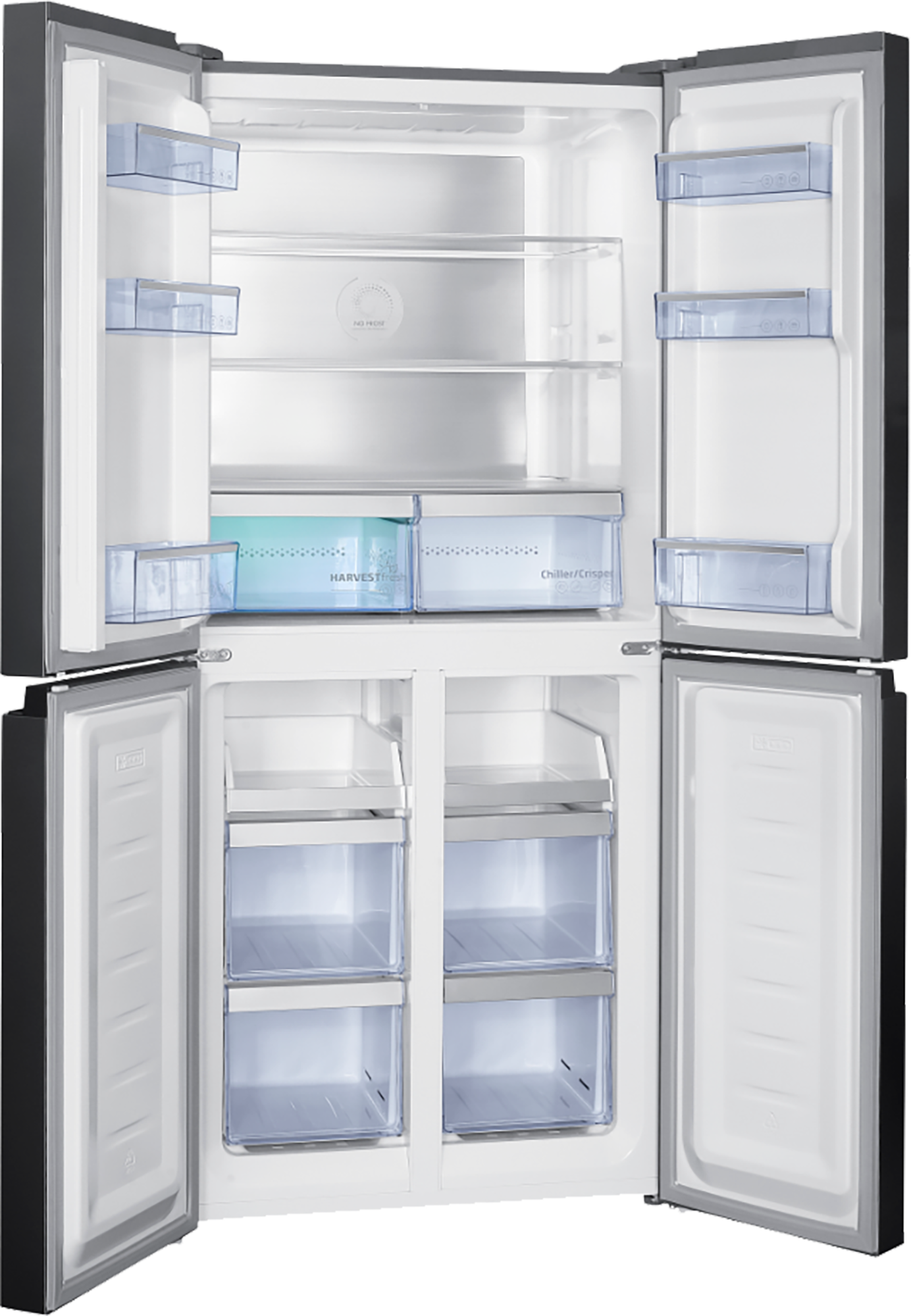 Pusta lodówka z czterema otwartymi drzwiami. Wewnątrz widoczne są półki i szuflady.