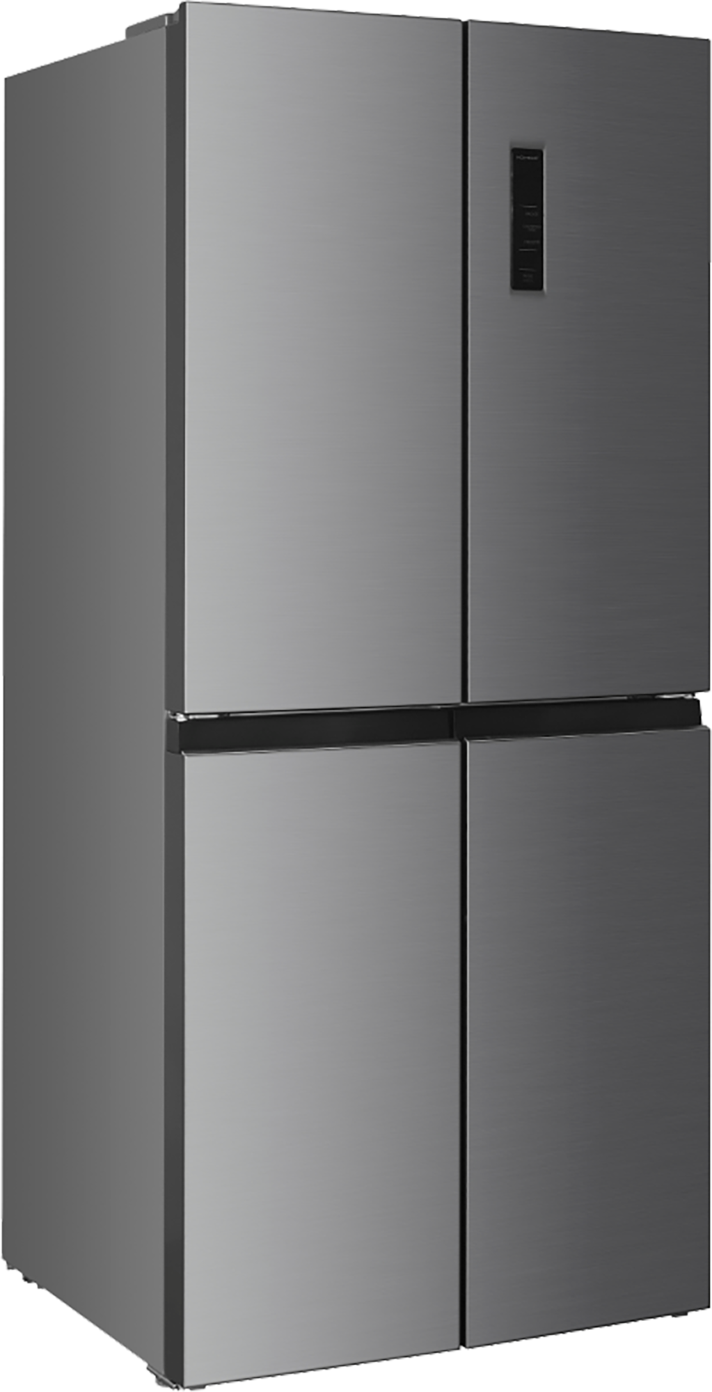 Nowoczesna, szara lodówka czterodrzwiowa z ekranem dotykowym.