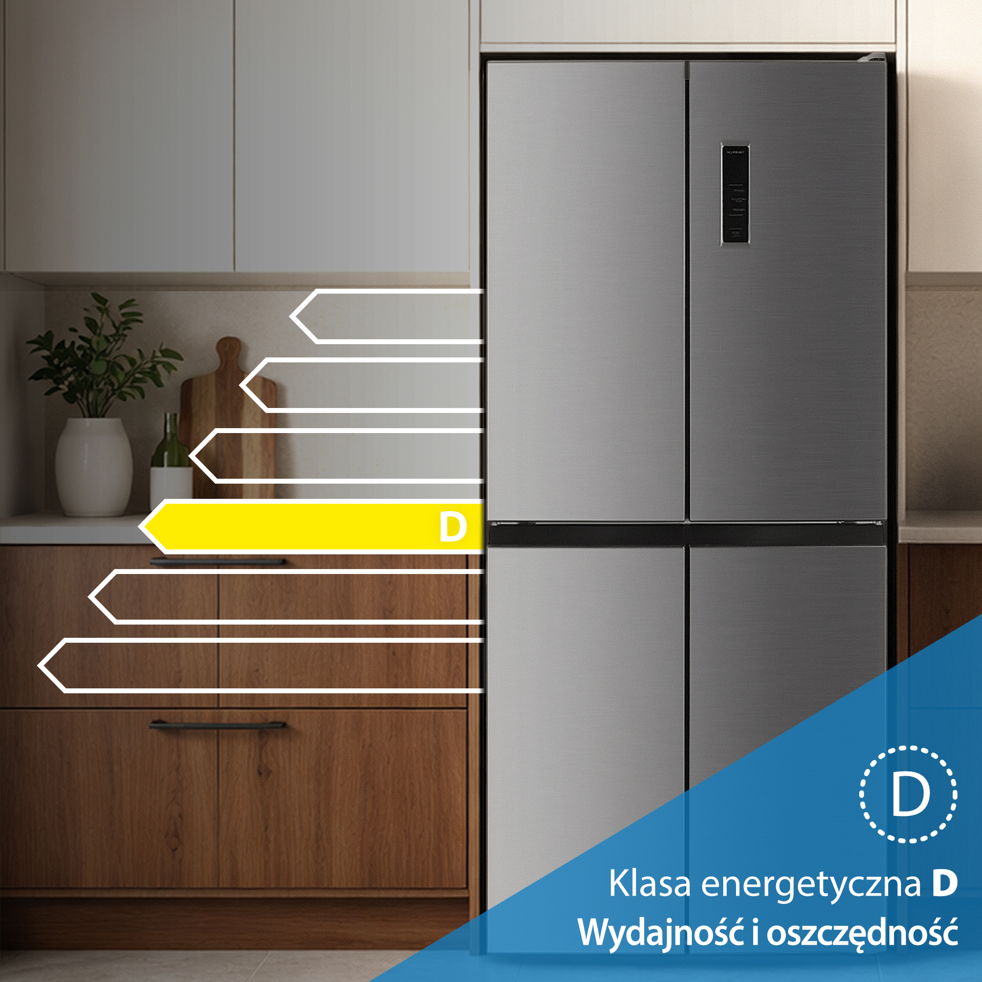 Nowoczesna lodówka o klasie energetycznej D w kuchni.