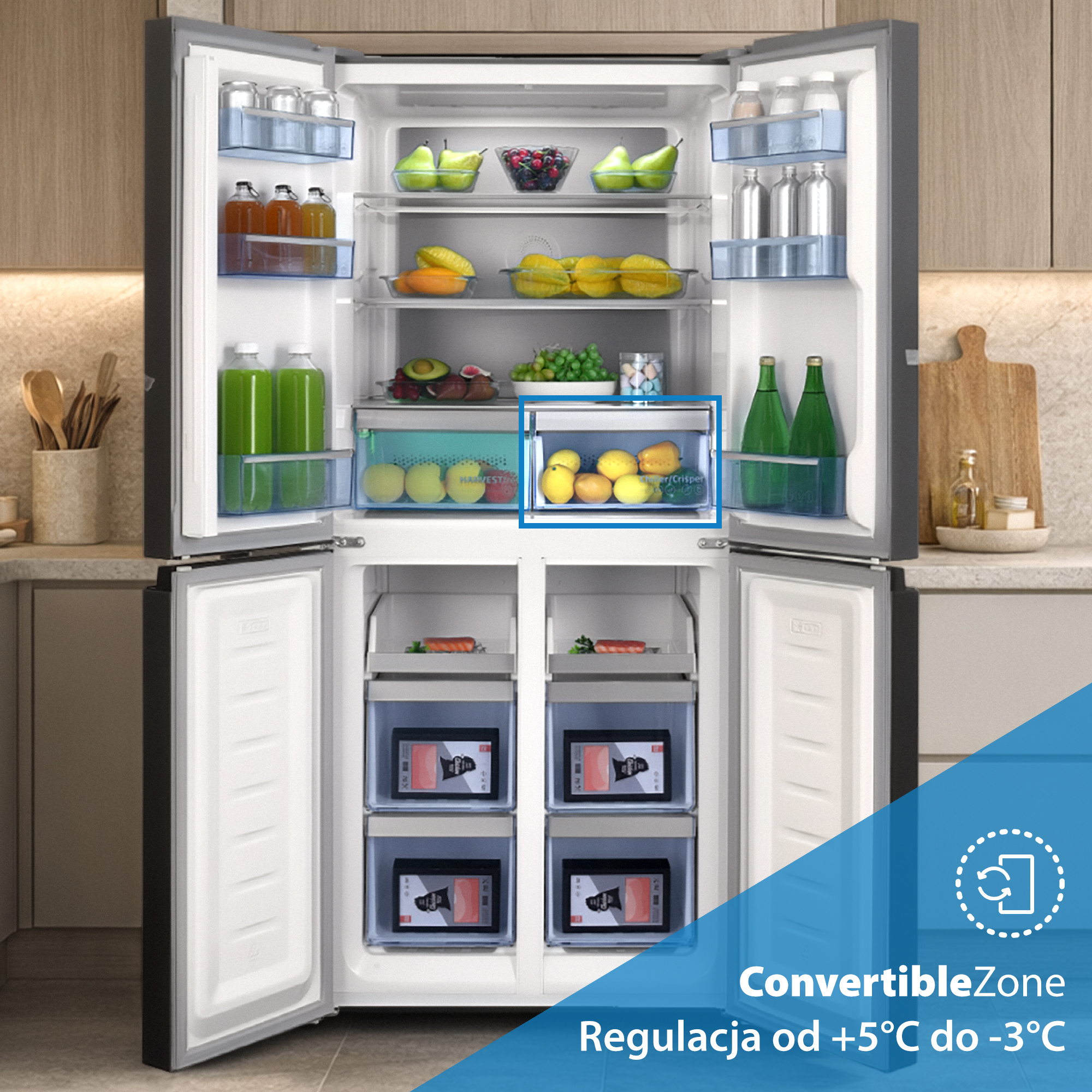 Otwarta lodówka z owocami i warzywami na półkach. Cztery szuflady na dole.