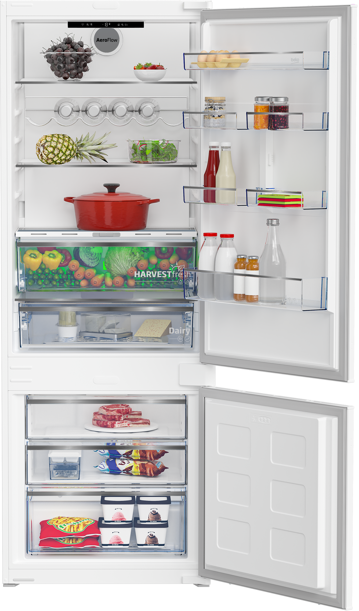 Otwarta lodówka z żywnością: owoce, warzywa, mięso, lody i butelki.