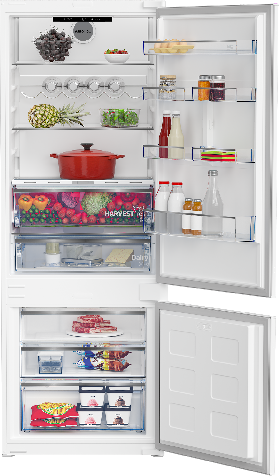 Otwarta lodówka wypełniona jedzeniem: owoce, warzywa, mięso, lody i napoje.