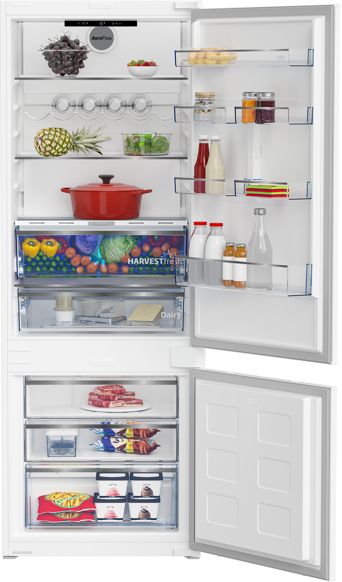 Otwarta lodówka z jedzeniem: winogrona, ananas, czerwony garnek, warzywa, mięso, lody.