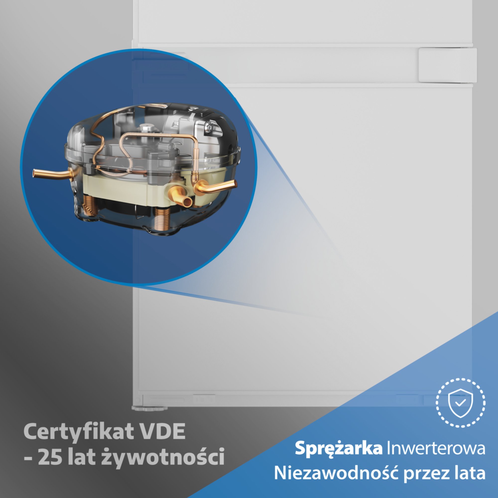 Sprężarka lodówki z przezroczystą obudową i miedzianymi rurkami.