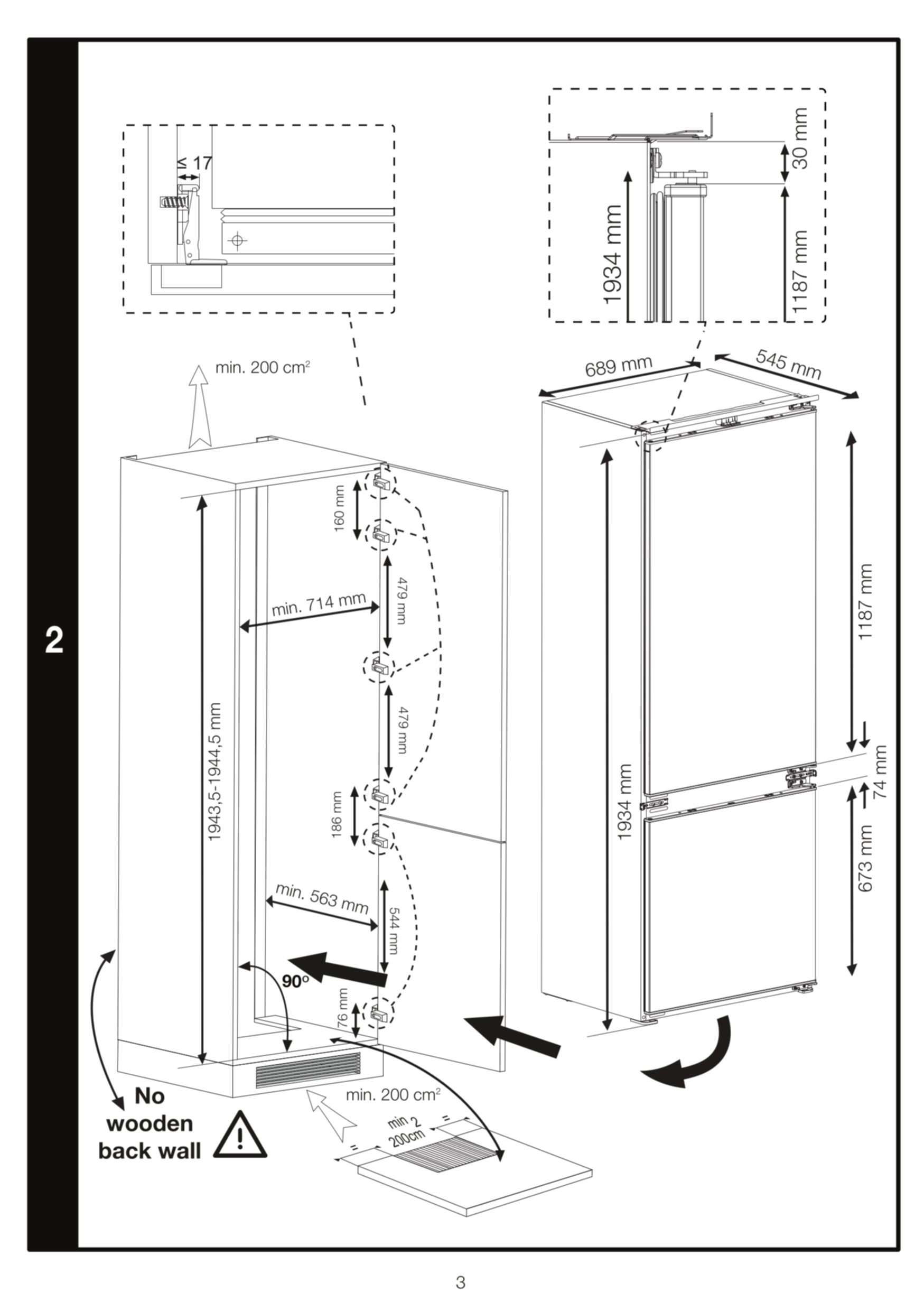 Rysunek techniczny lodówki z wymiarami i wskazówkami dotyczącymi instalacji.