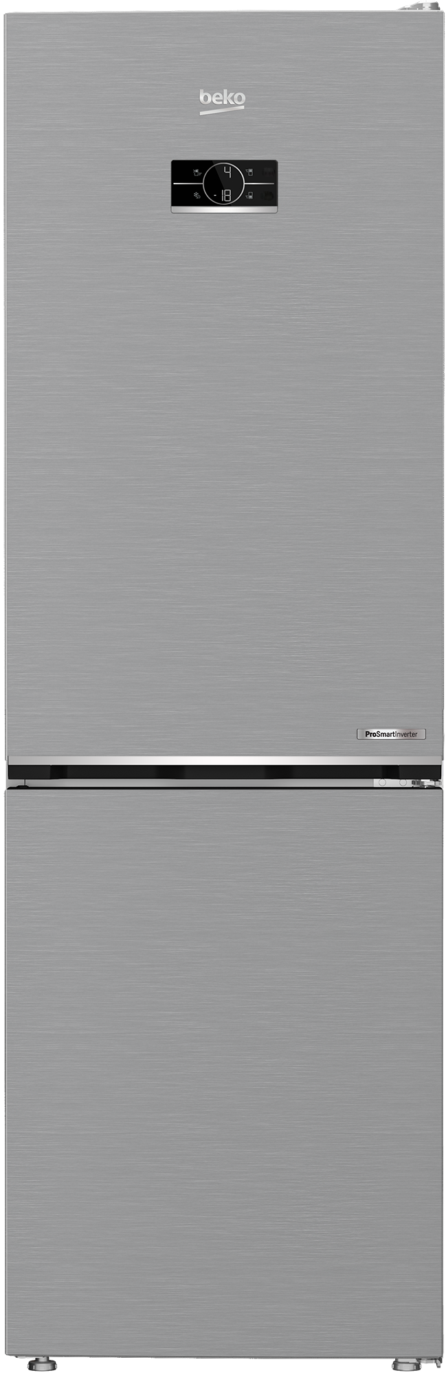 Srebrna lodówka z cyfrowym wyświetlaczem na górze.