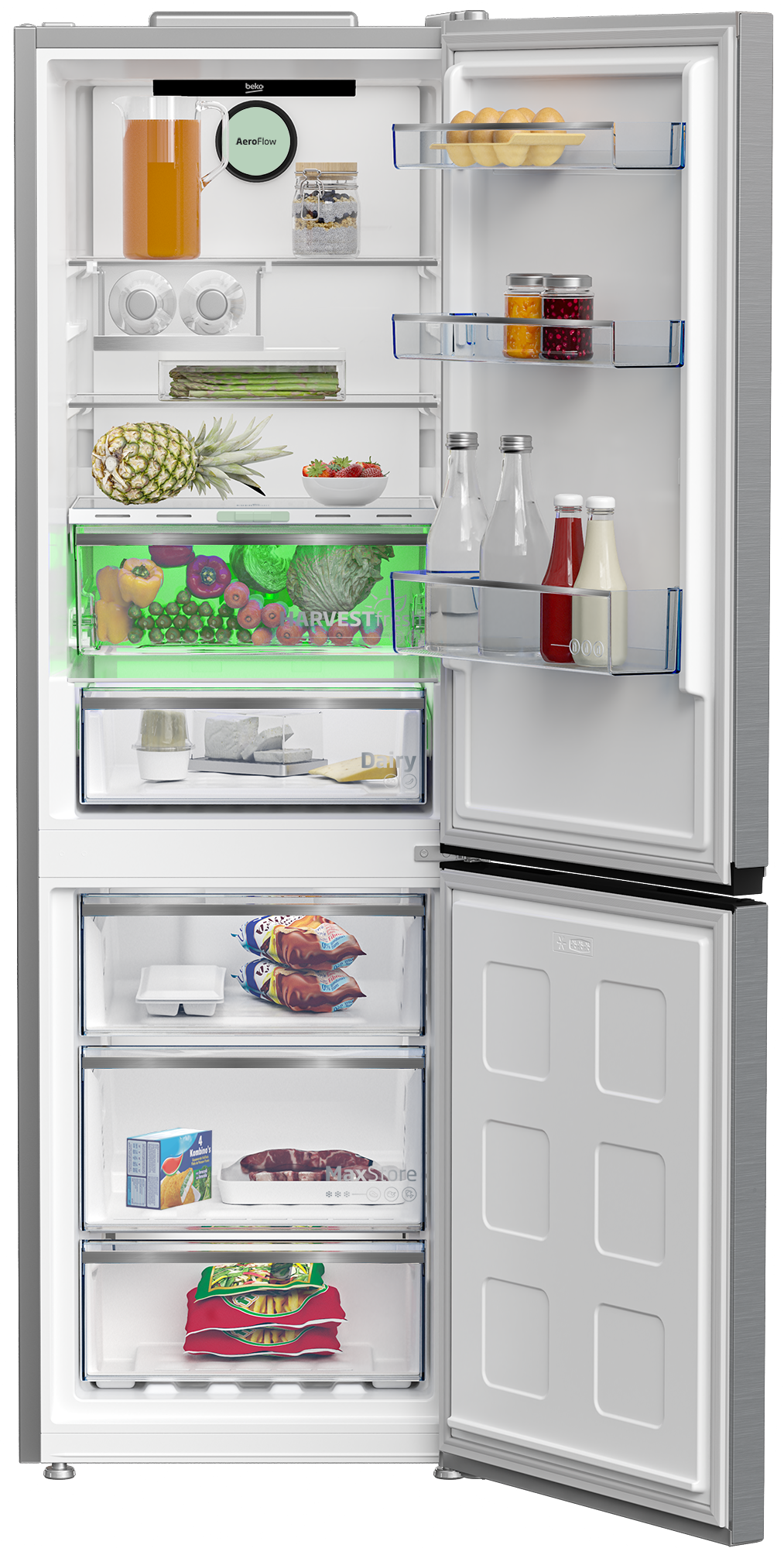 Otwarta lodówka wypełniona jedzeniem, takim jak owoce, warzywa, jajka i napoje.