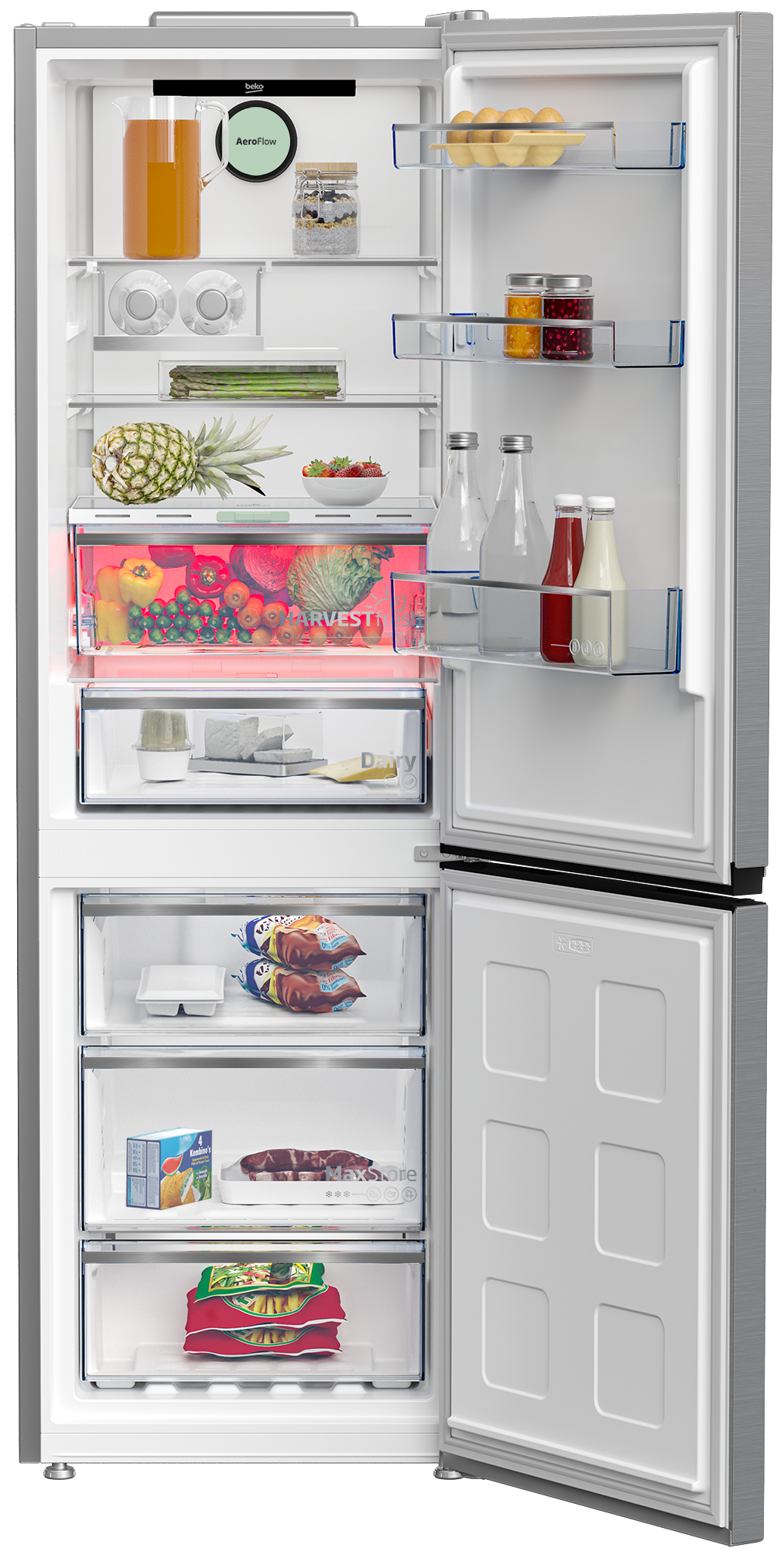 Otwarta lodówka wypełniona jedzeniem: owocami, warzywami, jajkami i mrożonkami.