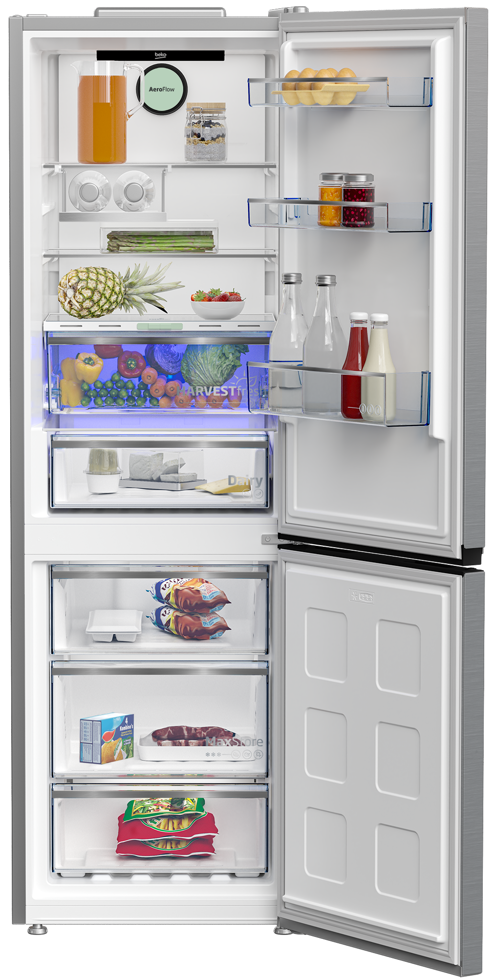 Otwarta lodówka z owocami, warzywami, jajkami, napojami i mrożonkami.