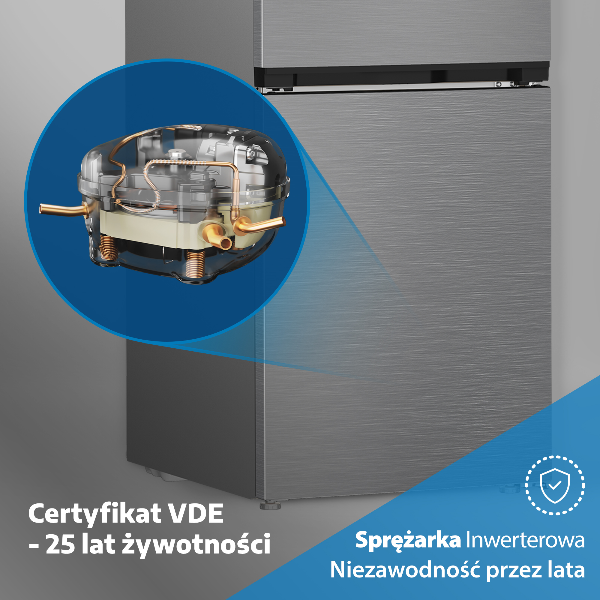 Zbliżenie sprężarki lodówki z certyfikatem VDE i 25-letnią żywotnością.