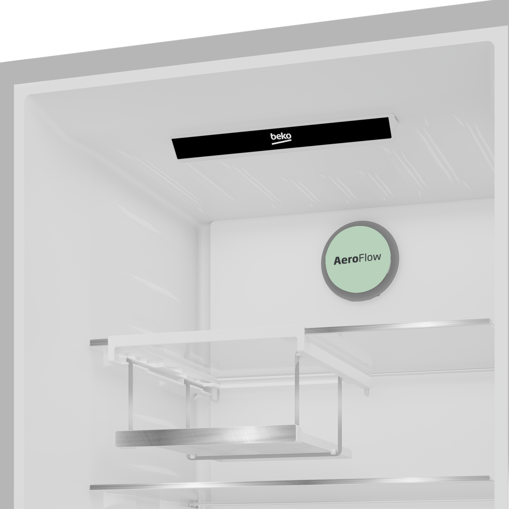 Wnętrze lodówki z logo Beko i naklejką AeroFlow.