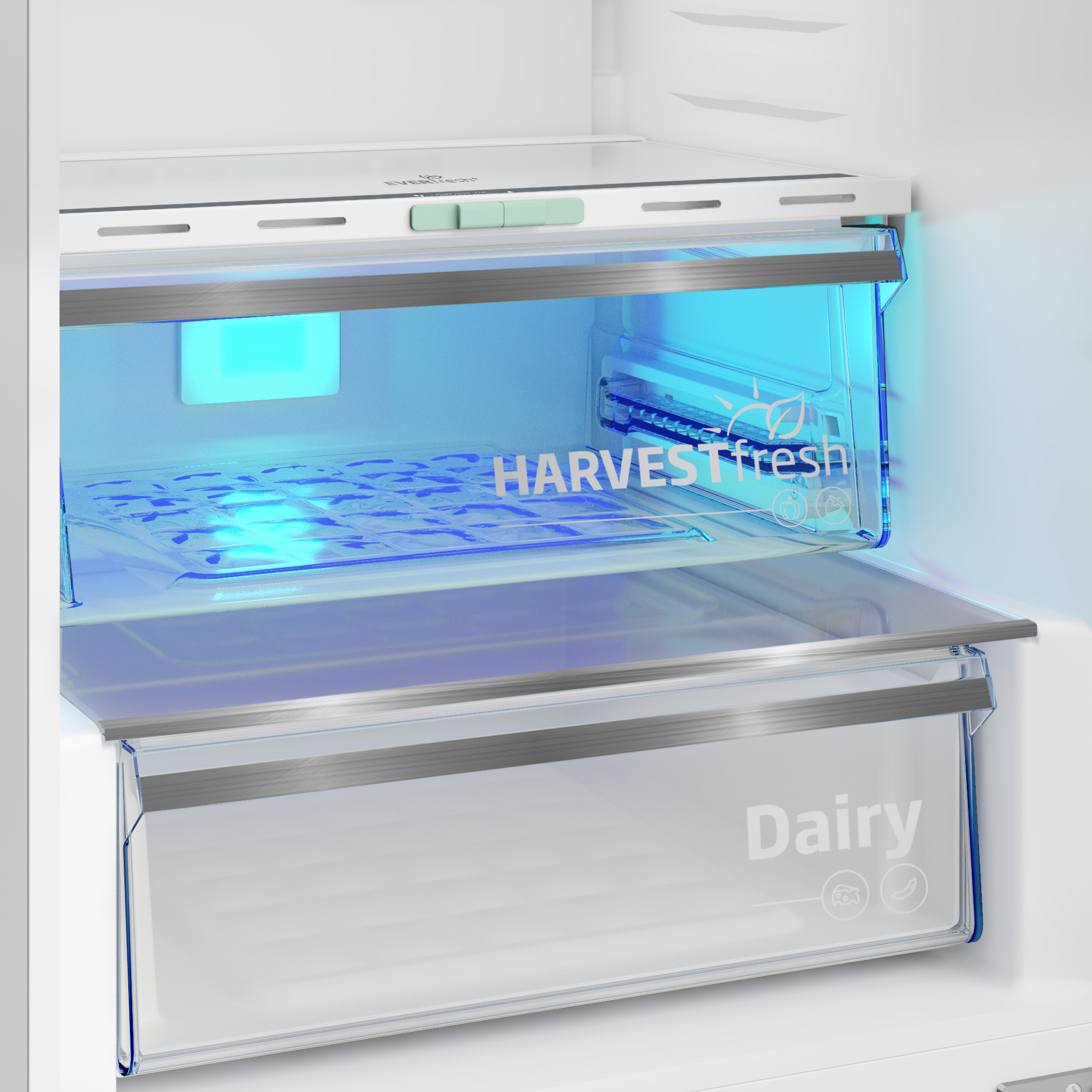 Szuflady lodówki z niebieskim podświetleniem i etykietami.