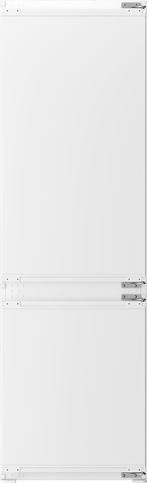 Biały, pionowy sprzęt AGD z srebrnymi zawiasami u góry i na dole.