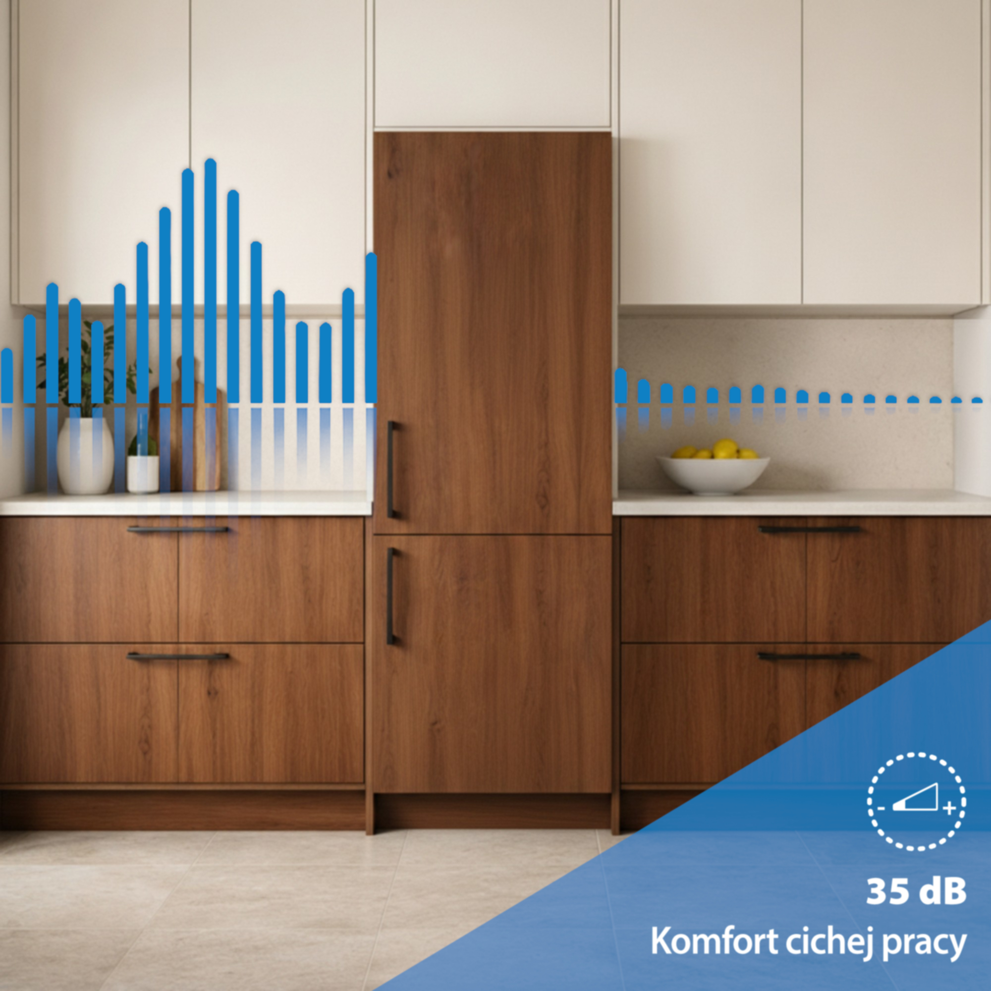 Nowoczesna kuchnia z drewnianymi szafkami, wskaźnikiem dźwięku.