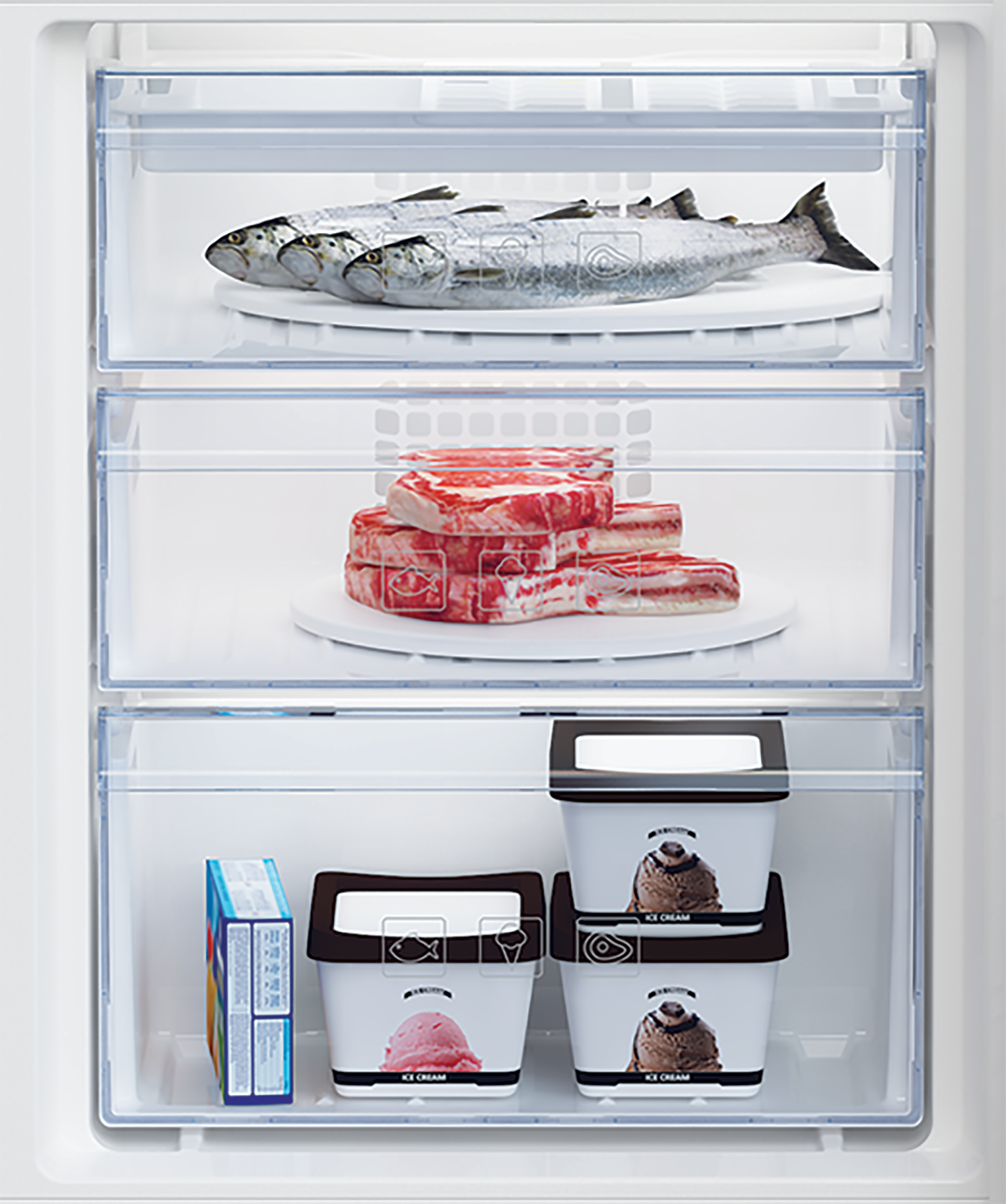 Szuflada zamrażarki z rybami, mięsem i lodami.