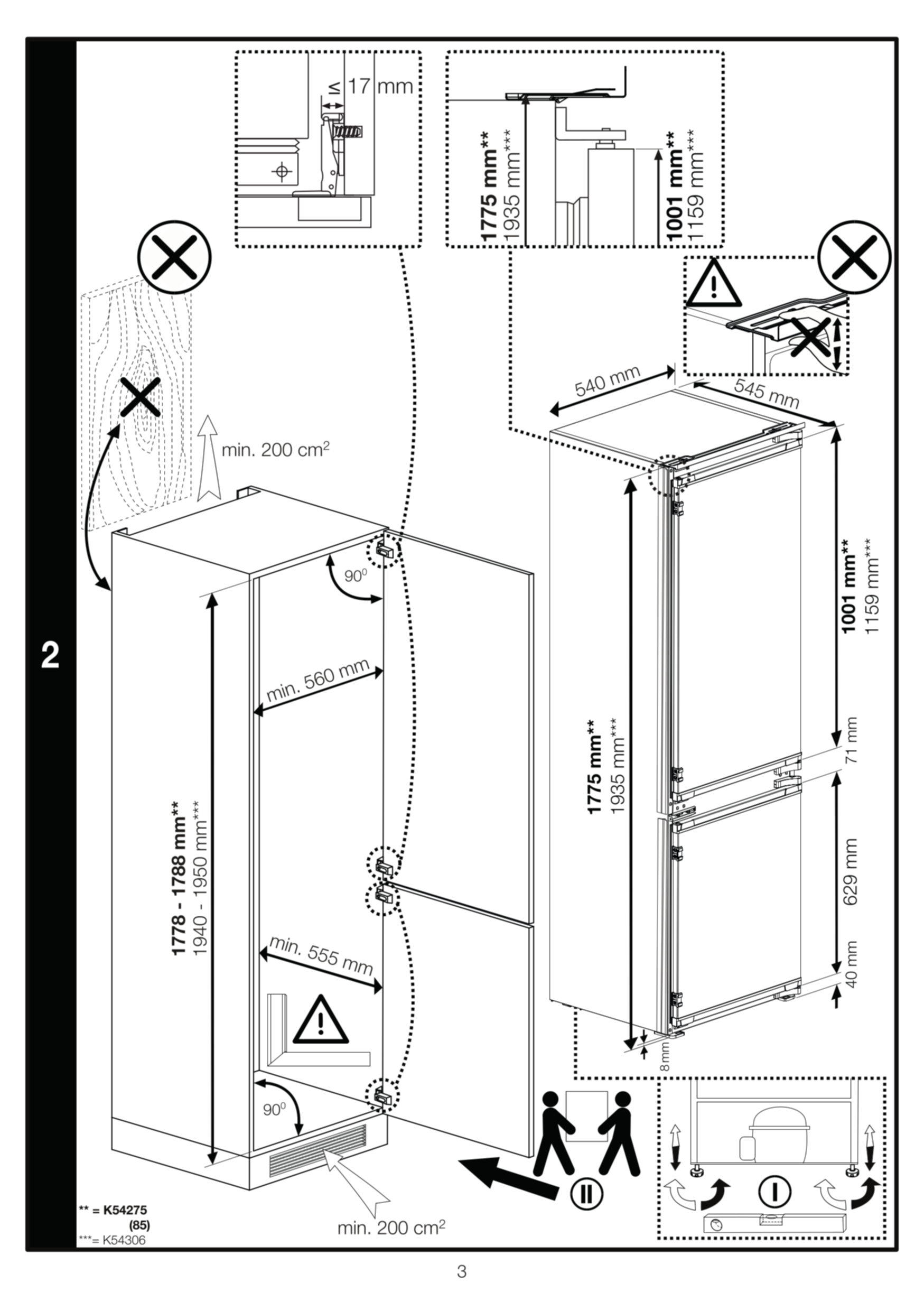 Rysunek techniczny z wymiarami do instalacji urządzenia, z symbolami ostrzegawczymi.