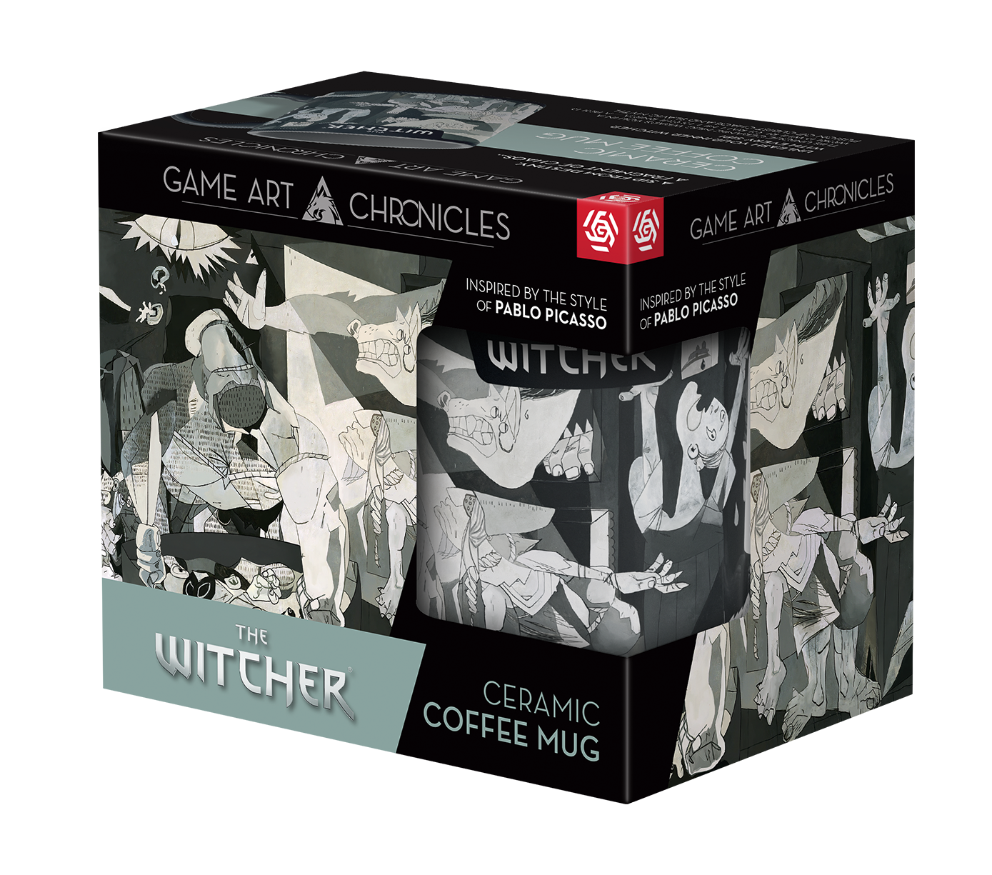 Pudełko kubka ceramicznego Wiedźmina ze sztuką w stylu Picassa. Game Art Chronicles.
