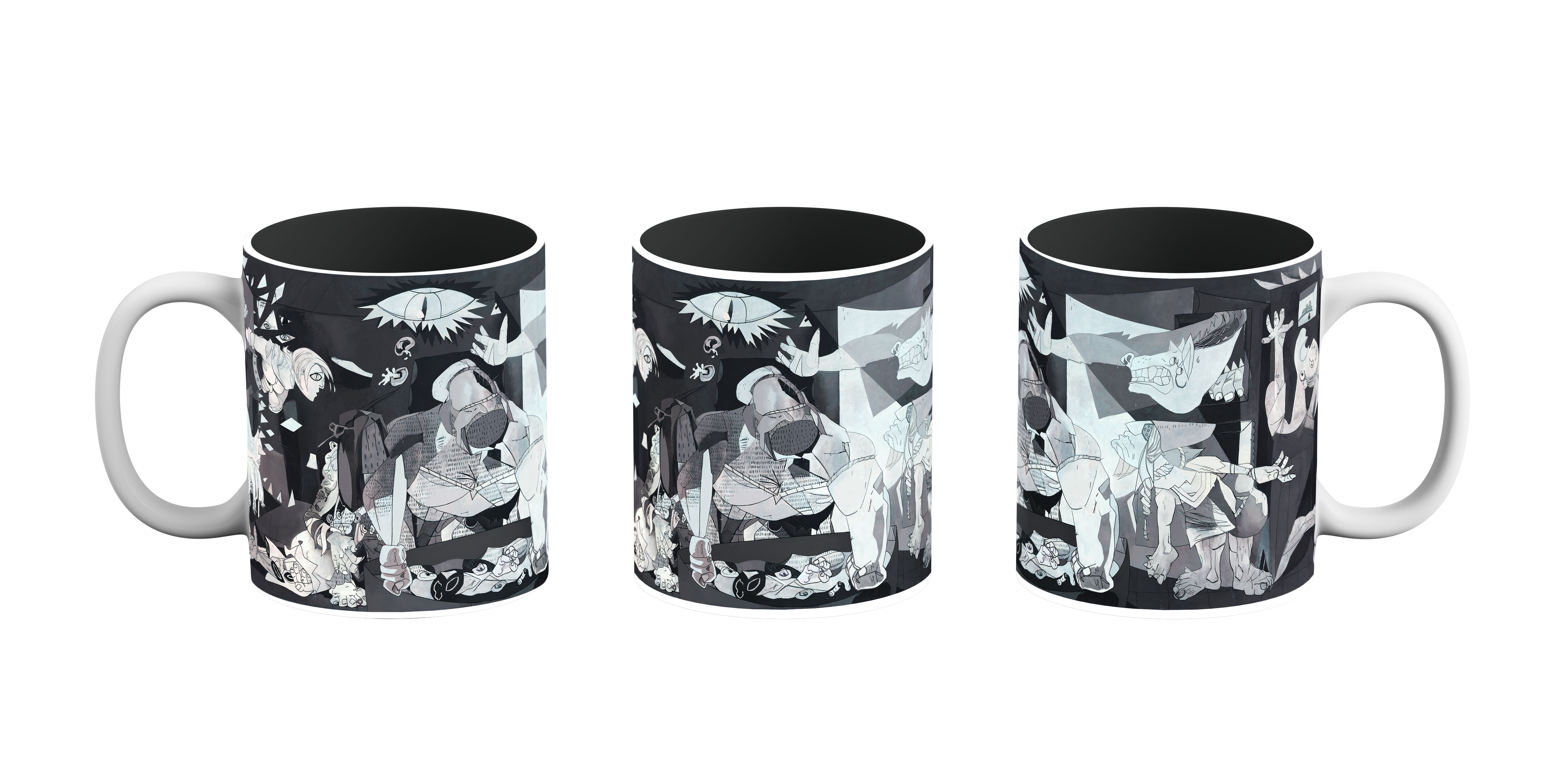Trzy kubki z czarno-białą grafiką przedstawiającą sceny wojny i cierpienia.