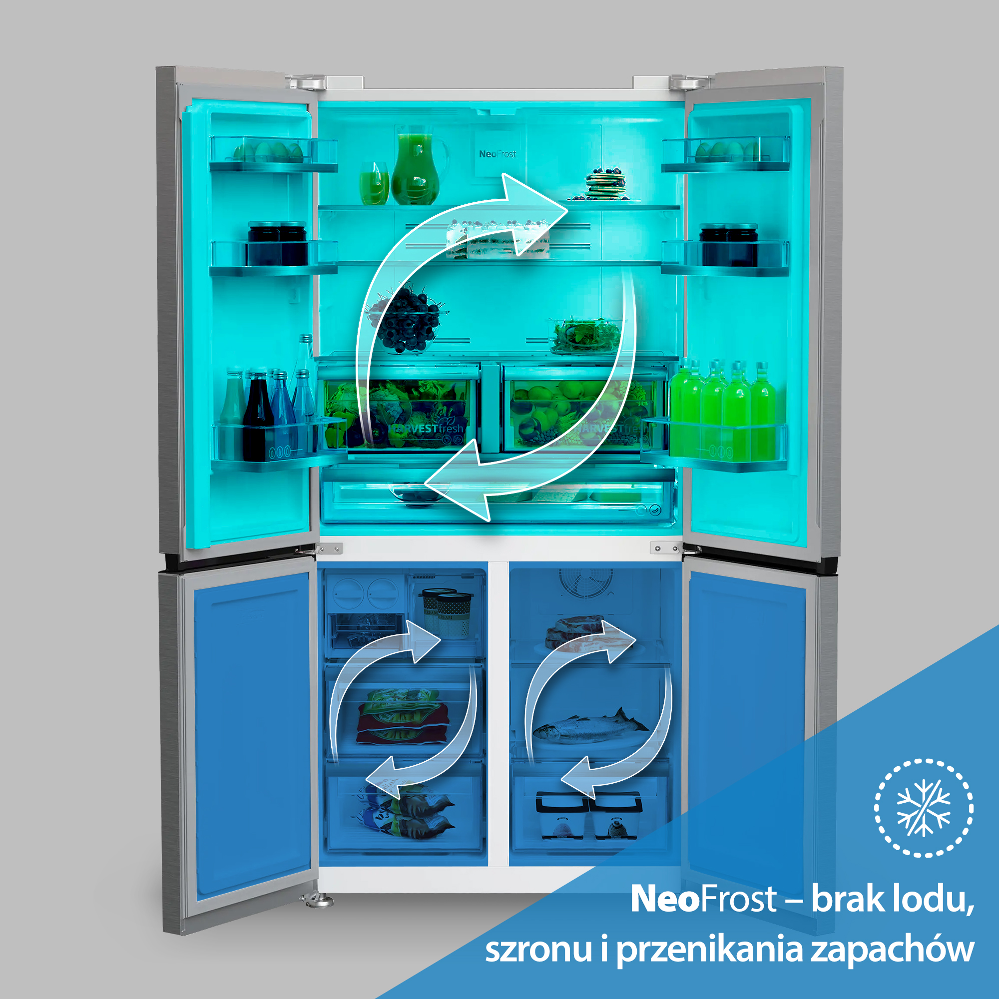Otwarta lodówka z niebiesko podświetlanymi półkami i żywnością.