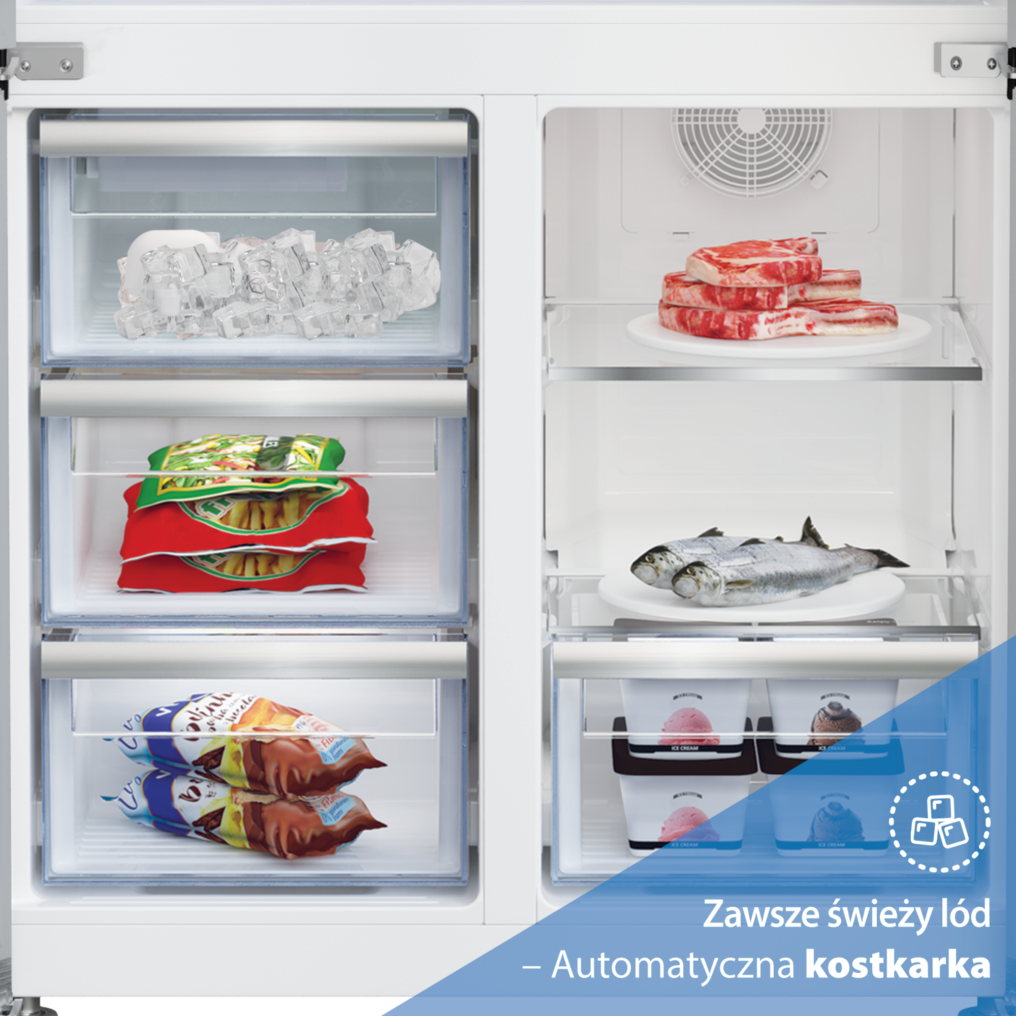 Zamrażarka z lodem, surowym mięsem, rybą, frytkami i lodami.