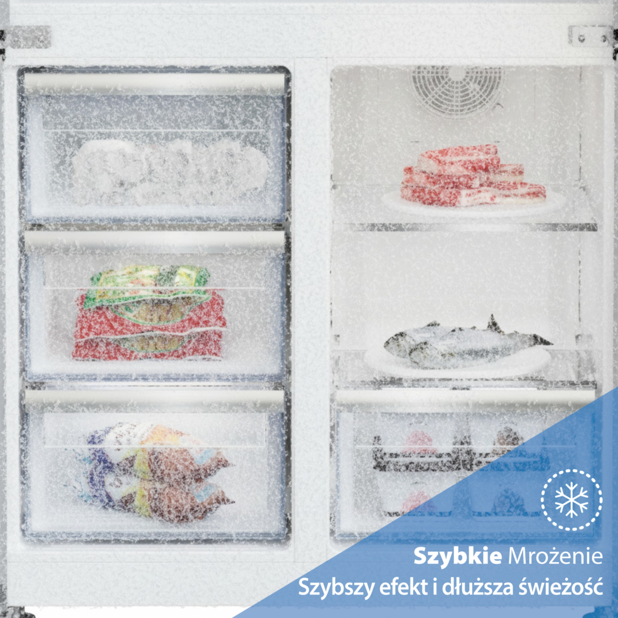 Wnętrze zamrażarki z mięsem, rybami i mrożonkami, pokryte szronem.