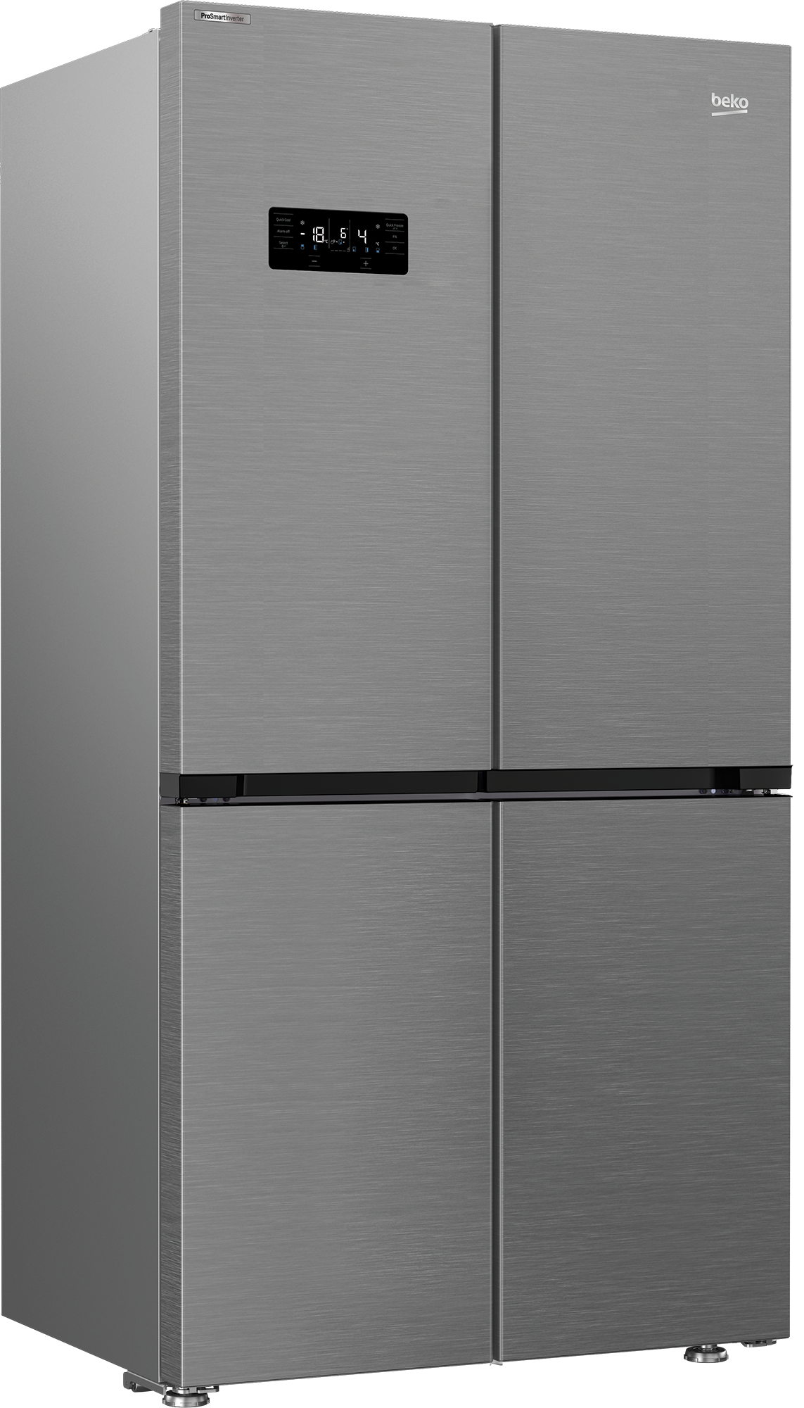 Srebrna lodówka czterodrzwiowa z cyfrowym wyświetlaczem.