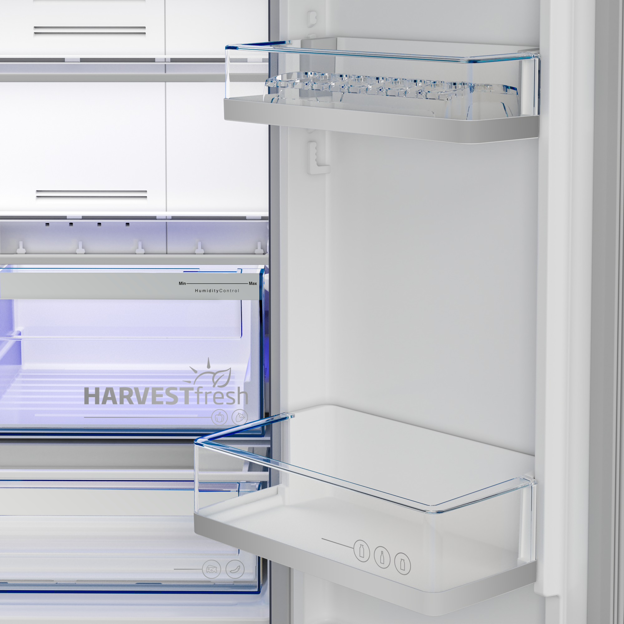 Wnętrze lodówki z półkami i szufladami. Niebieskie oświetlenie.