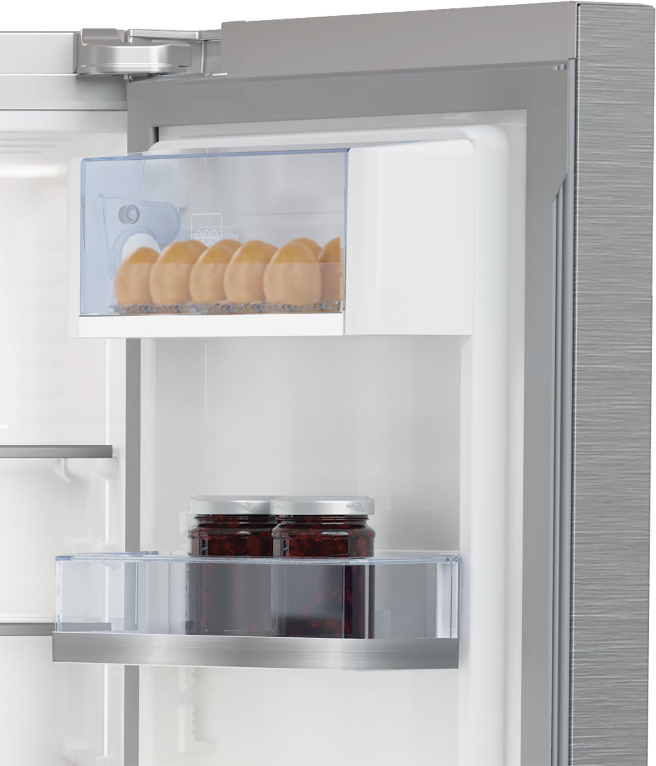 Przedział lodówki z jajkami i słoikami dżemu.