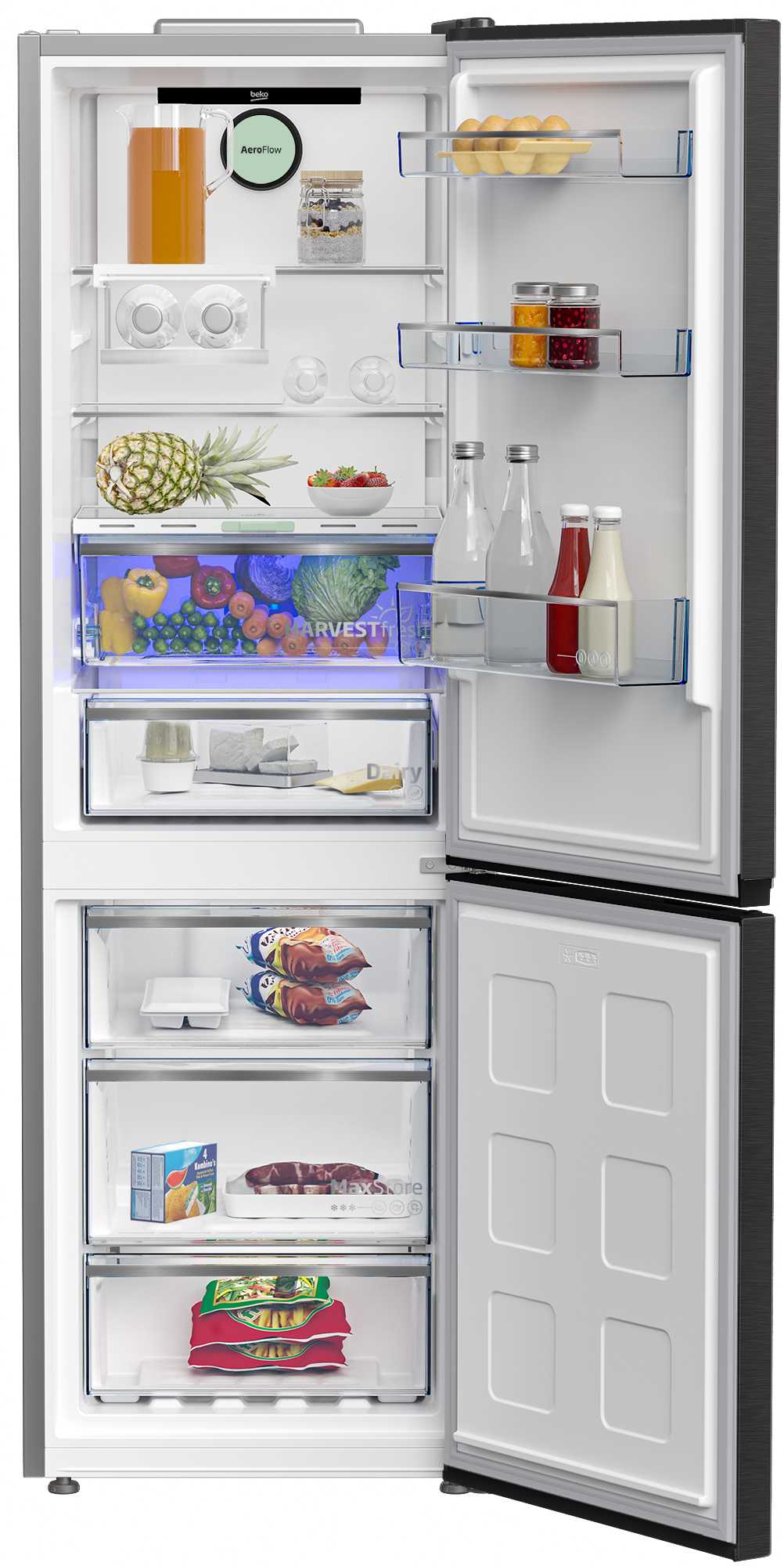 Otwarta lodówka wypełniona produktami takimi jak owoce, warzywa, jajka, butelki i mrożonki.