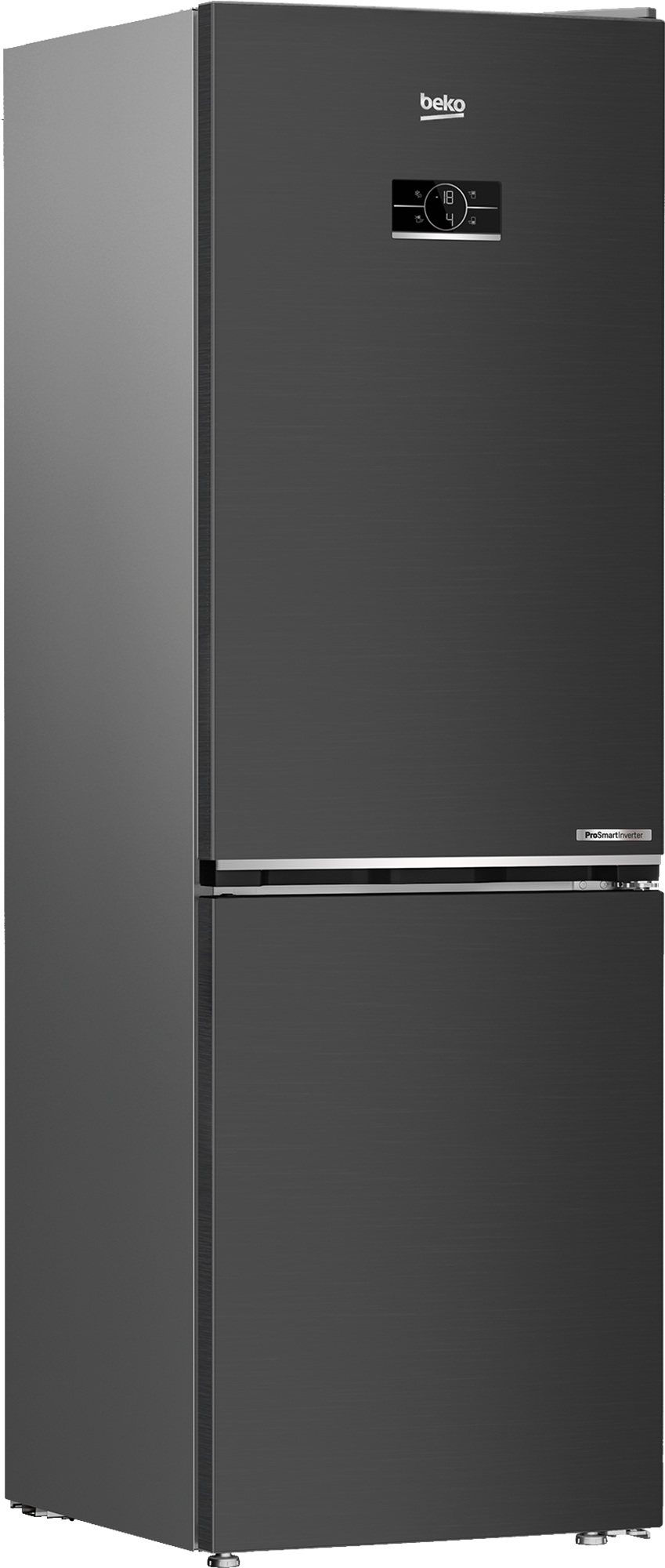 Ciemna lodówka Beko z cyfrowym wyświetlaczem na górze.
