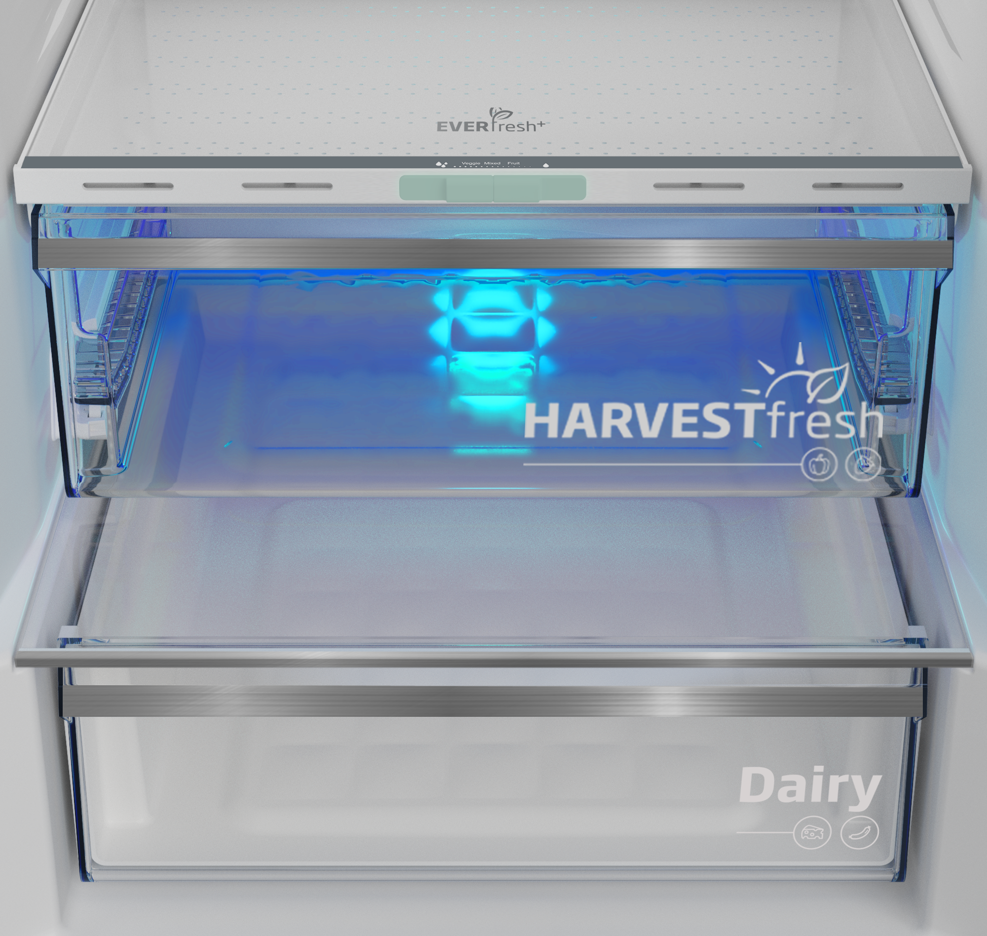 Otwarta lodówka pokazująca szufladę z napisem "Dairy".