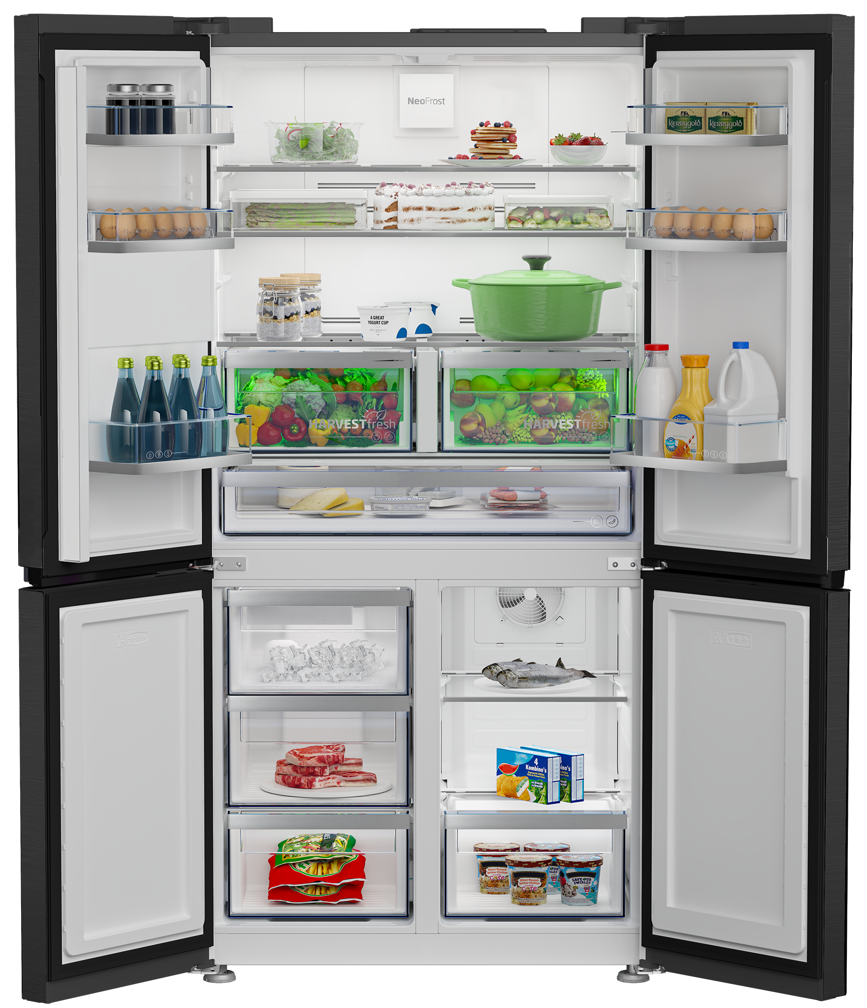 Otwarta lodówka z żywnością: owoce, warzywa, jajka, ser, lód, mięso, ryby, napoje, ciasto.