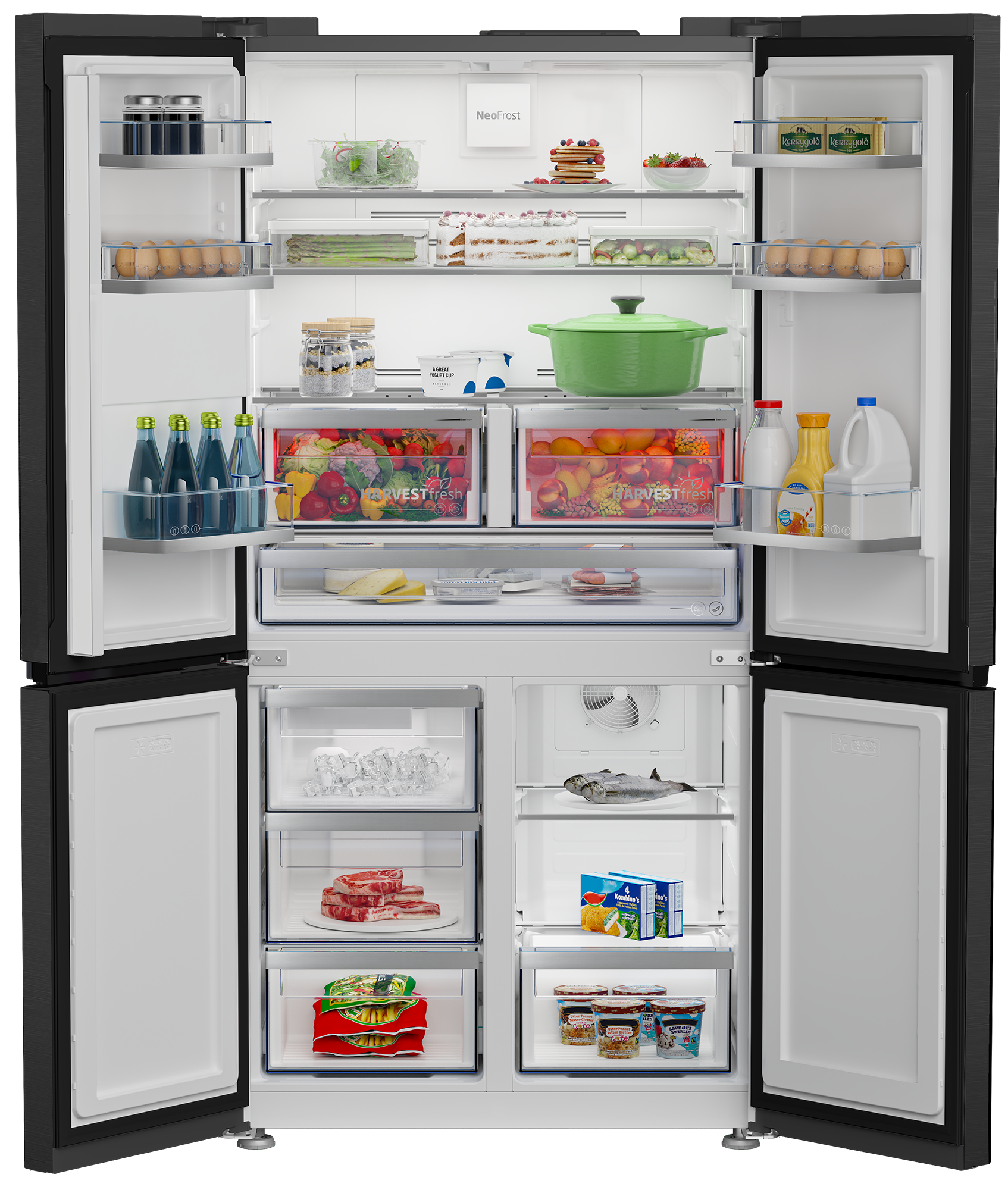 Otwarta lodówka wypełniona jedzeniem: owoce, warzywa, ciasto, jajka, napoje i mięso.